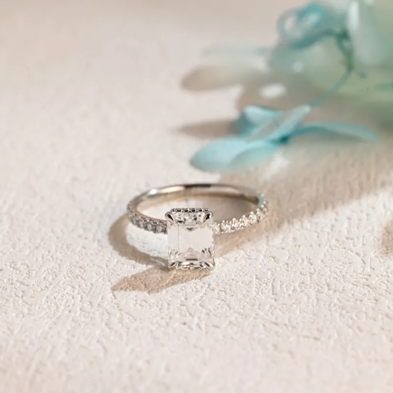 Solid Gold Emerald Cut Moissanite Engagement Ring with Hidden Halo sold by Causyou