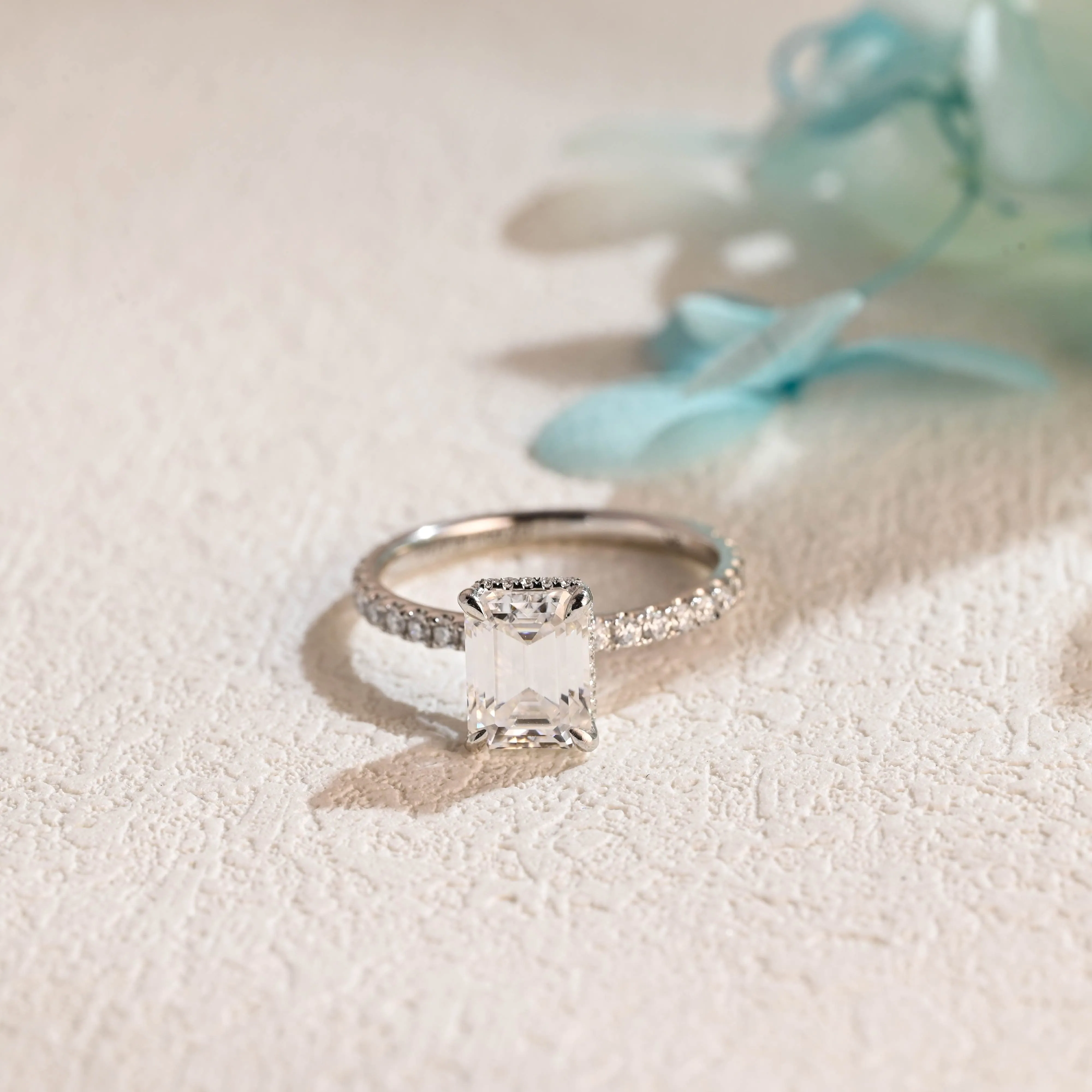 Solid Gold Emerald Cut Moissanite Engagement Ring with Hidden Halo sold by Causyou