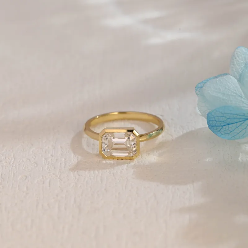 CausYou Solid Gold East West Emerald Cut Moissanite Engagement Ring Bezel Ring, Promise Ring, Proposal Ring, Gift for Woman, Wife sold by Causyou