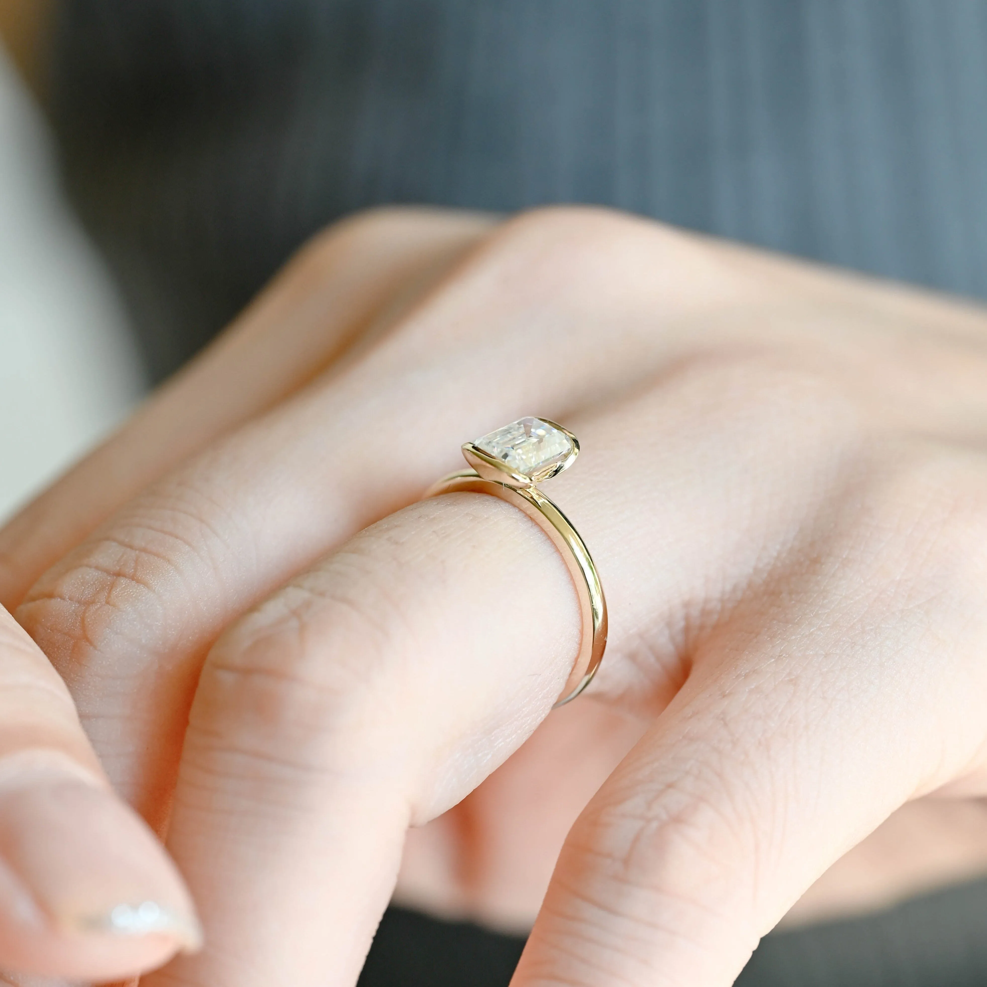 Solid Gold Soltaire Half Bezel Emerald Cut Moissanite Engagement Ring sold by Causyou product image thumbnail 4