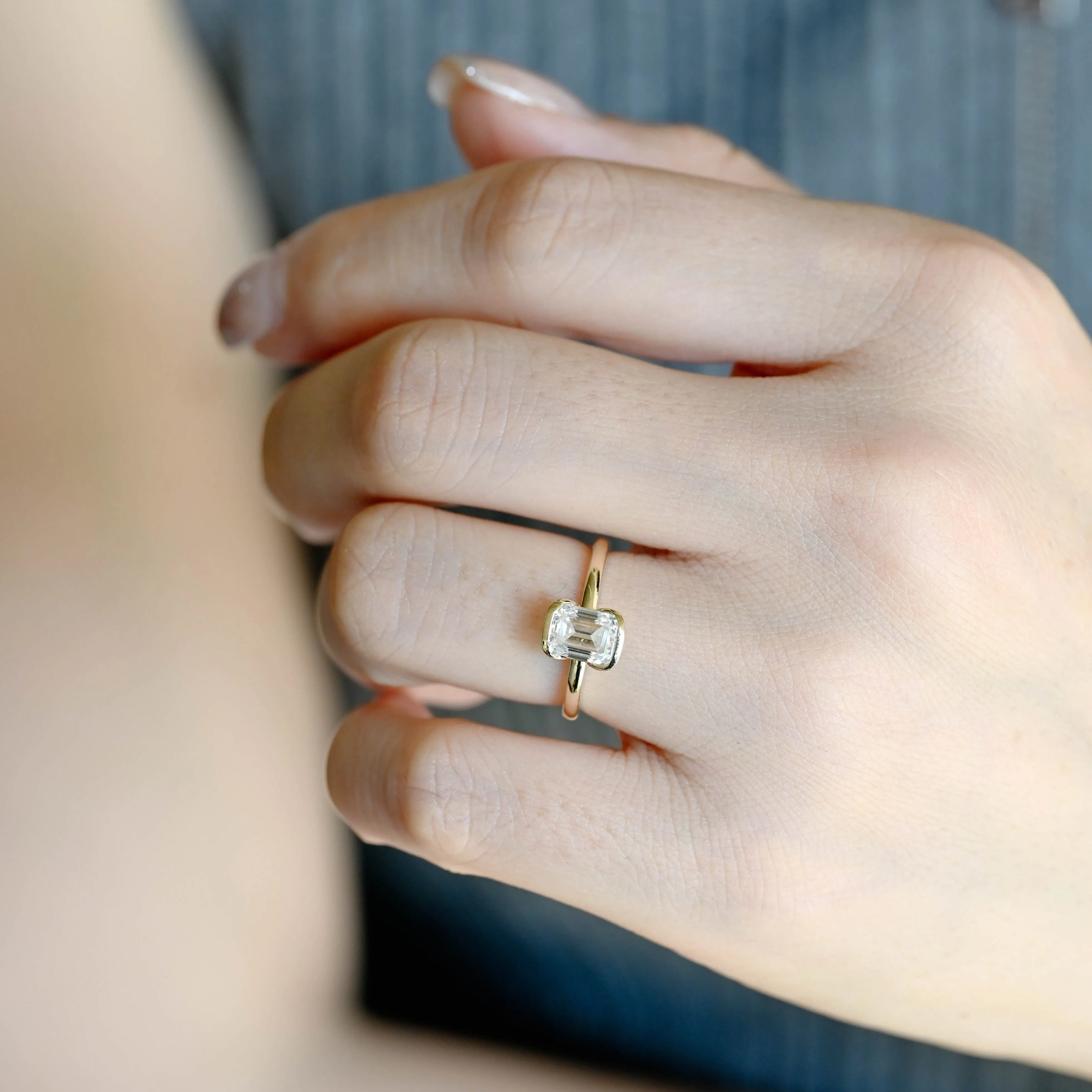 Solid Gold Soltaire Half Bezel Emerald Cut Moissanite Engagement Ring sold by Causyou product image thumbnail 3