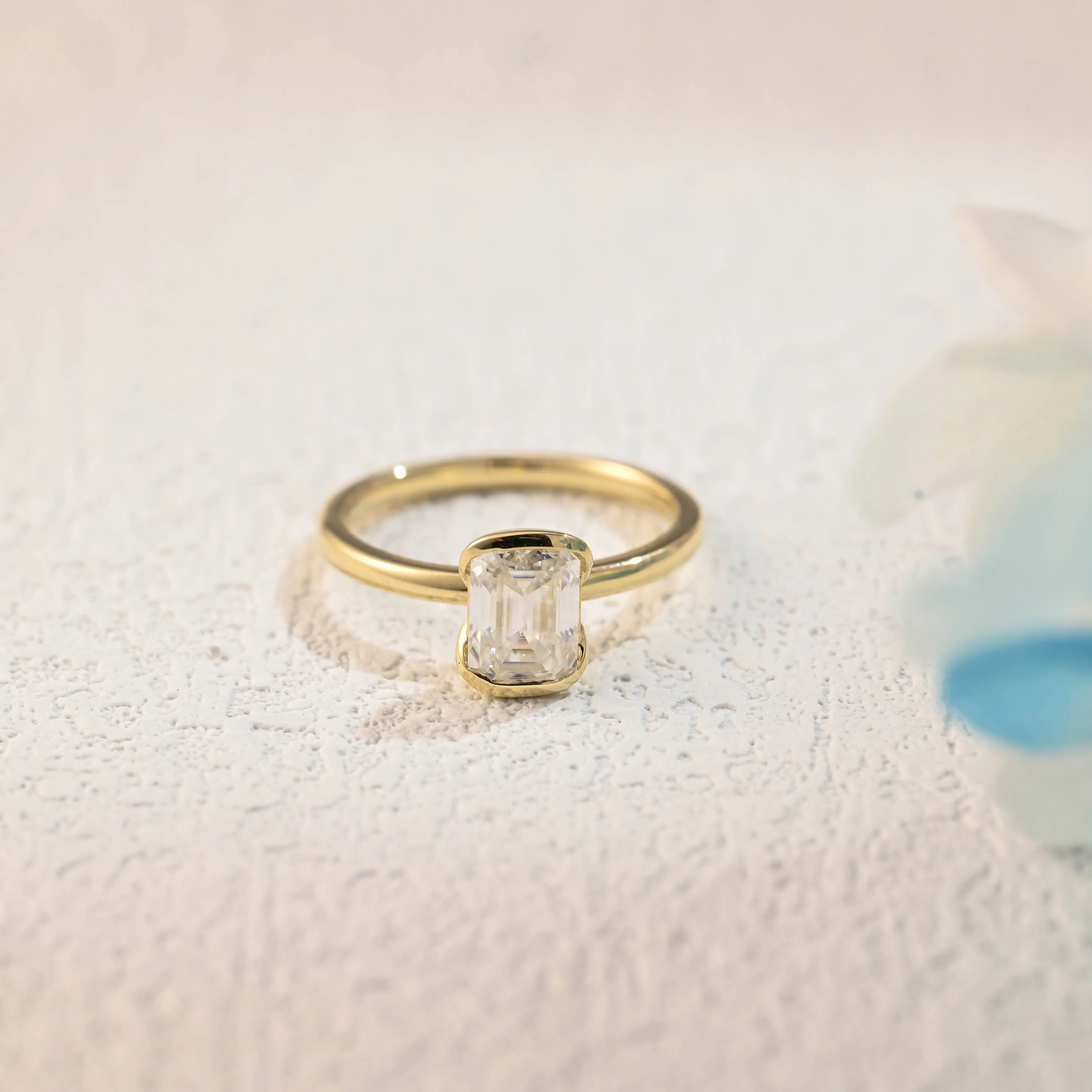 Solid Gold Soltaire Half Bezel Emerald Cut Moissanite Engagement Ring sold by Causyou product image thumbnail 5
