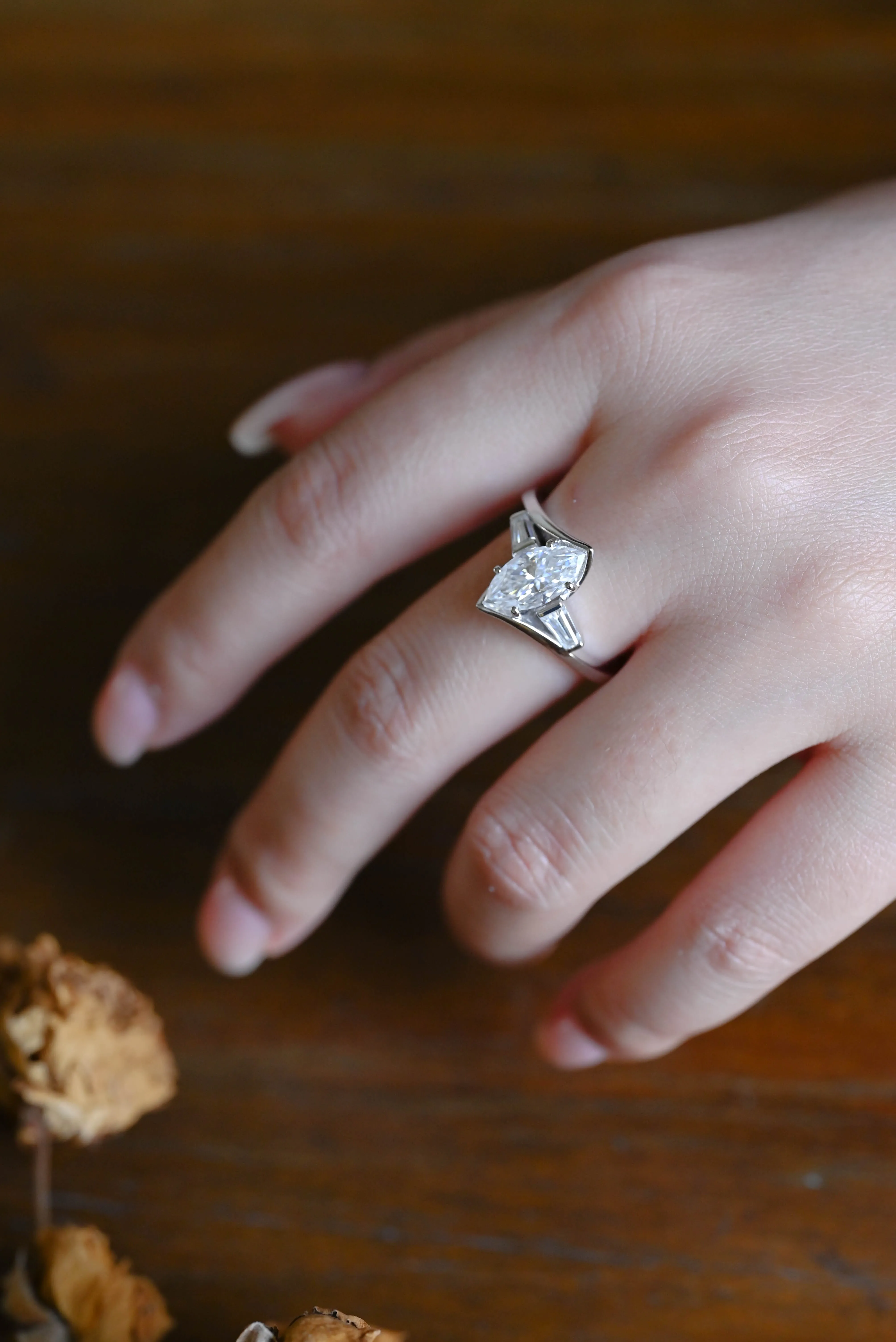 Solid Gold Three Stone Half Bezel Marquise Cut Moissanite Engagement Ring sold by Causyou product image thumbnail 2