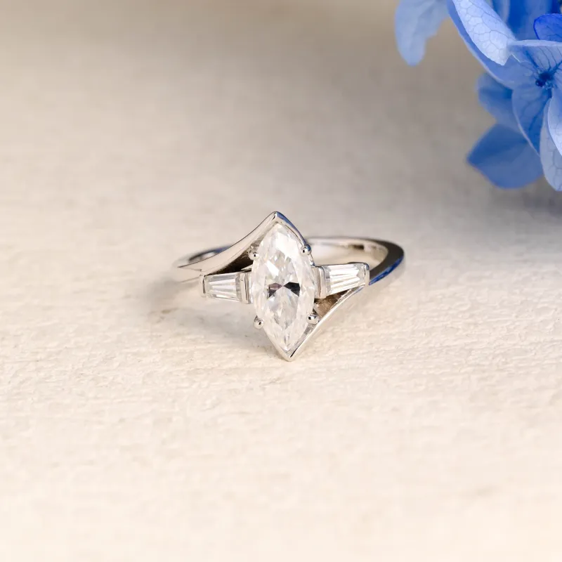 Solid Gold Three Stone Half Bezel Marquise Cut Moissanite Engagement Ring sold by Causyou