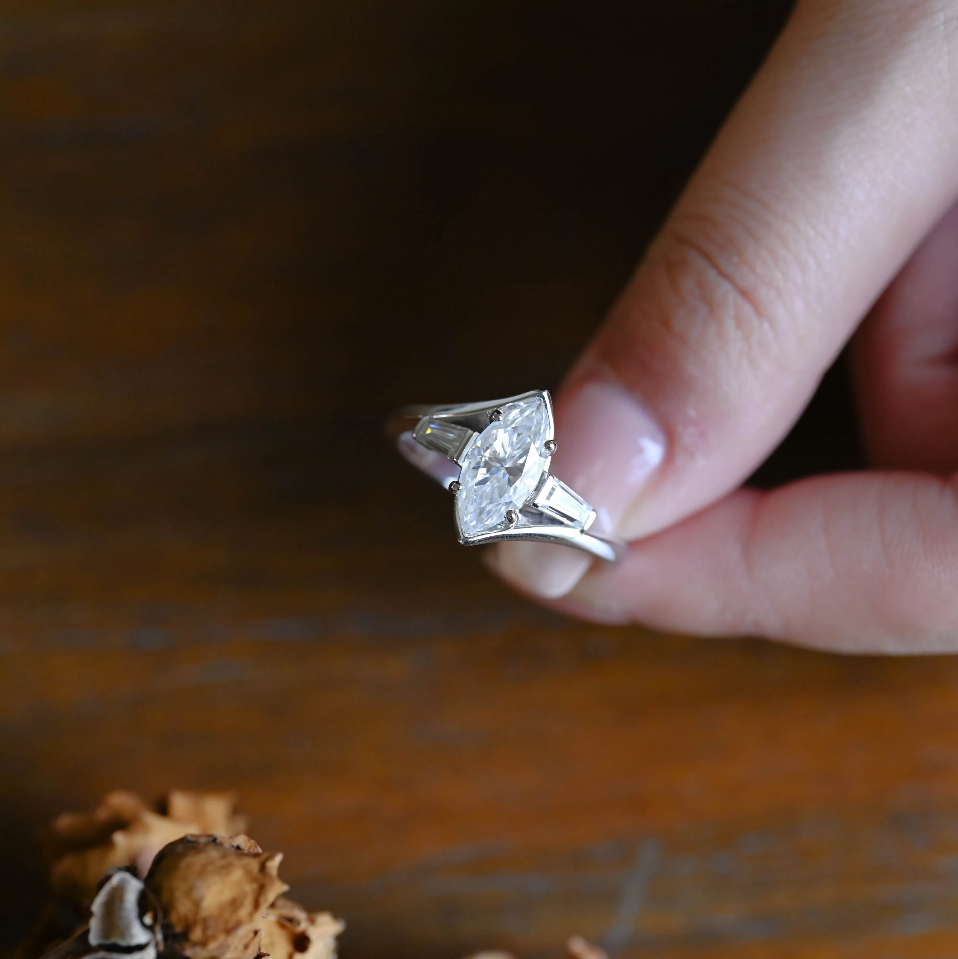 Solid Gold Three Stone Half Bezel Marquise Cut Moissanite Engagement Ring sold by Causyou product image thumbnail 4