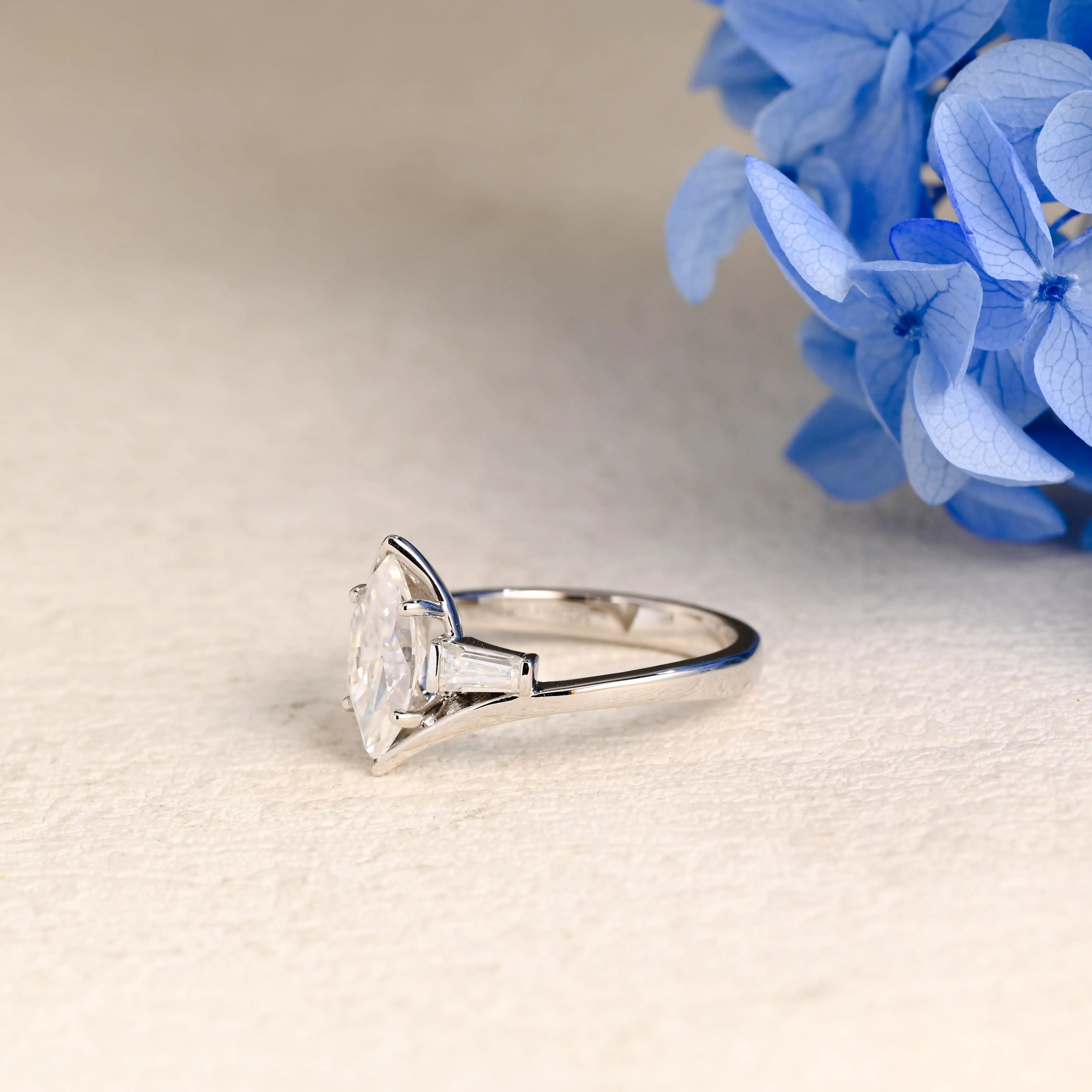 Solid Gold Three Stone Half Bezel Marquise Cut Moissanite Engagement Ring sold by Causyou product image thumbnail 5