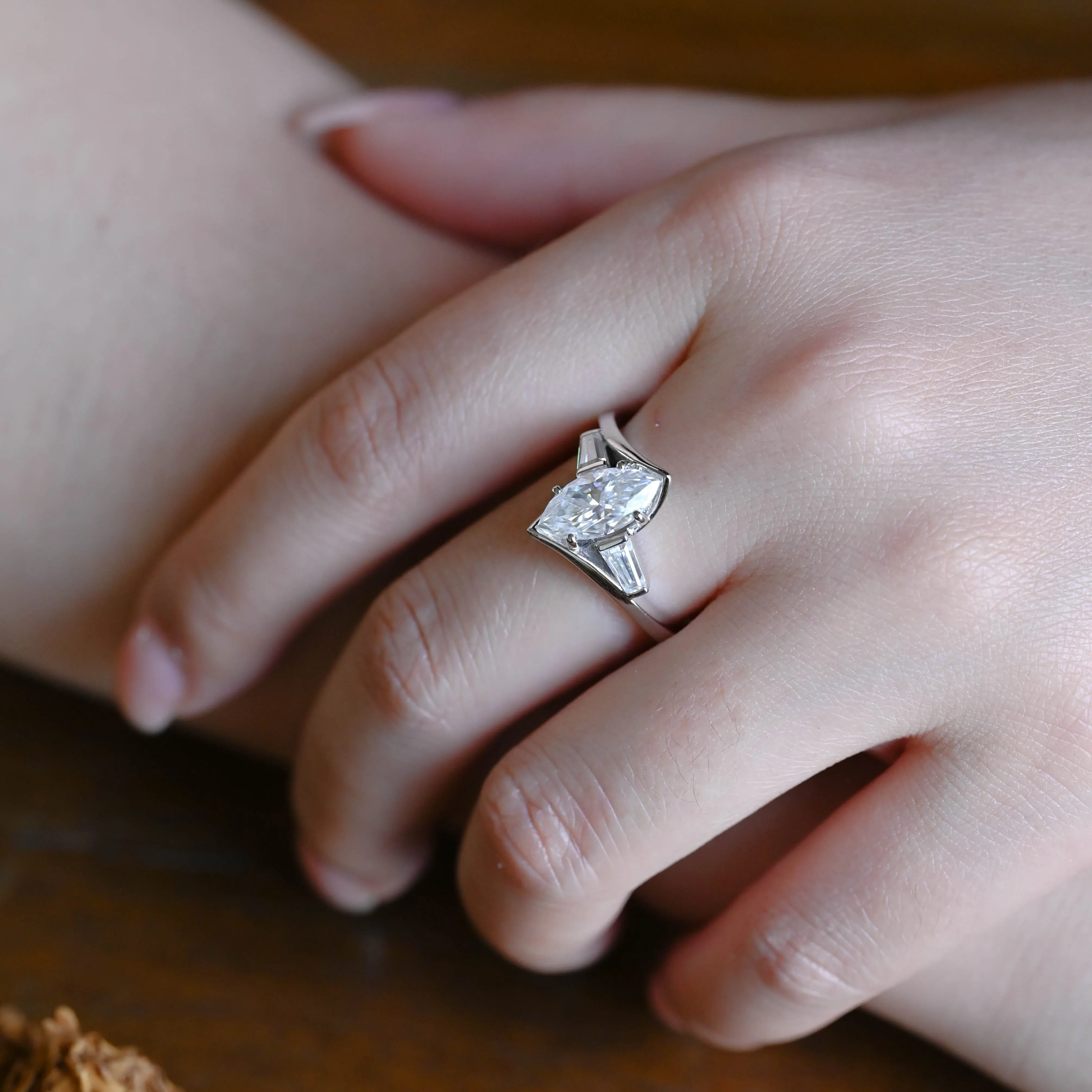 Solid Gold Three Stone Half Bezel Marquise Cut Moissanite Engagement Ring sold by Causyou product image thumbnail 3