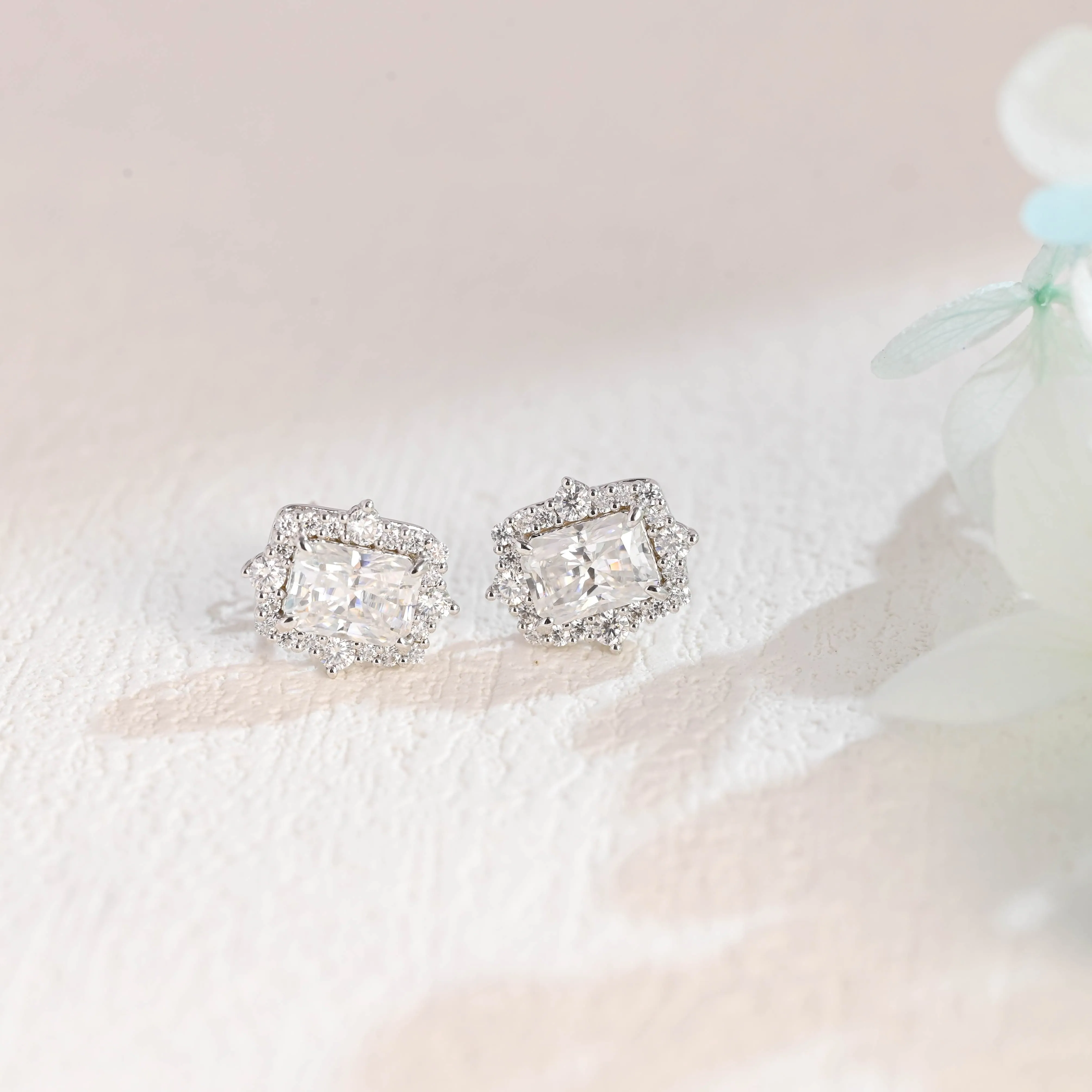 Solid Gold Vintage Halo Radiant Cut Moissanite Earring Studs sold by Causyou