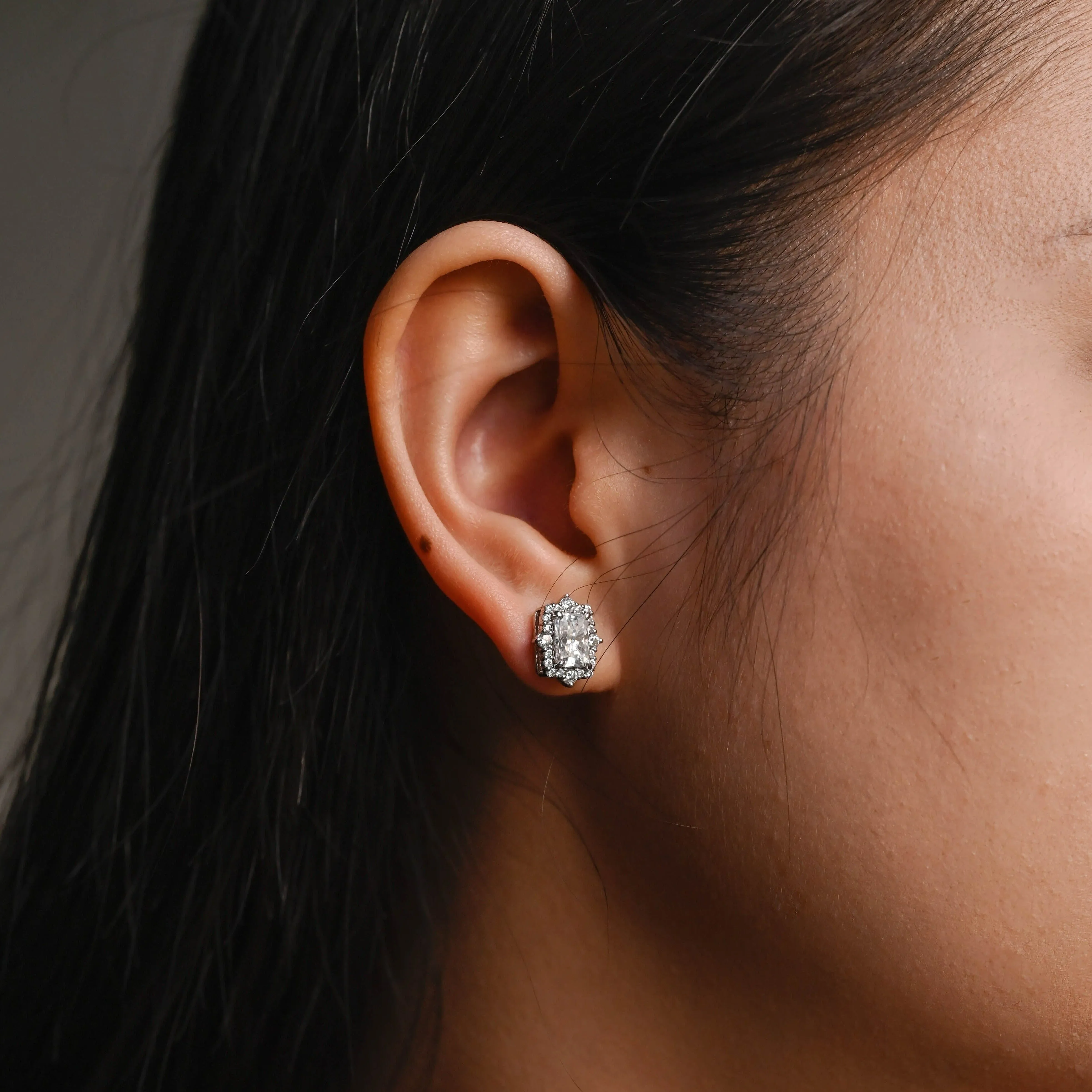 Solid Gold Vintage Halo Radiant Cut Moissanite Earring Studs sold by Causyou product image thumbnail 4