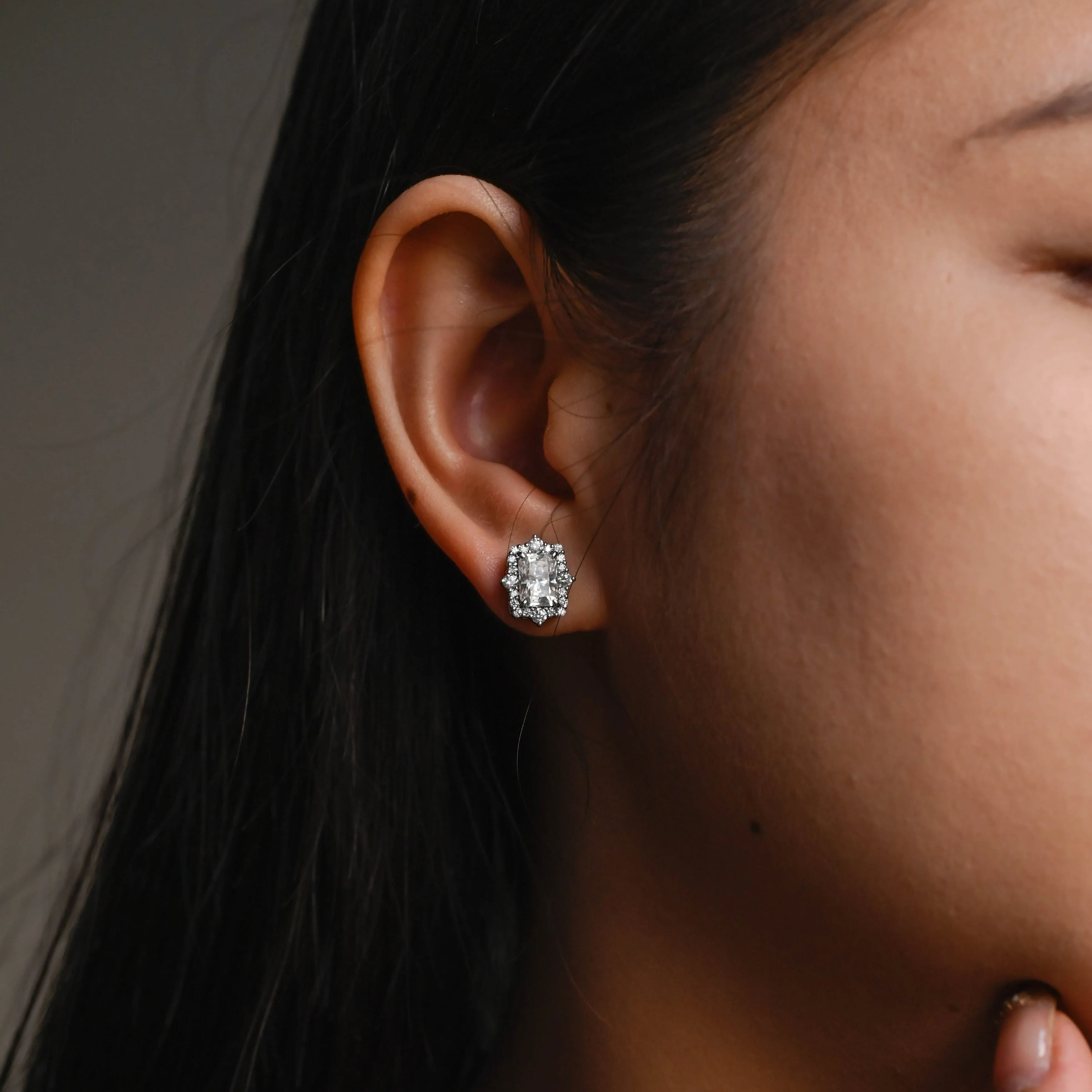 Solid Gold Vintage Halo Radiant Cut Moissanite Earring Studs sold by Causyou product image thumbnail 3