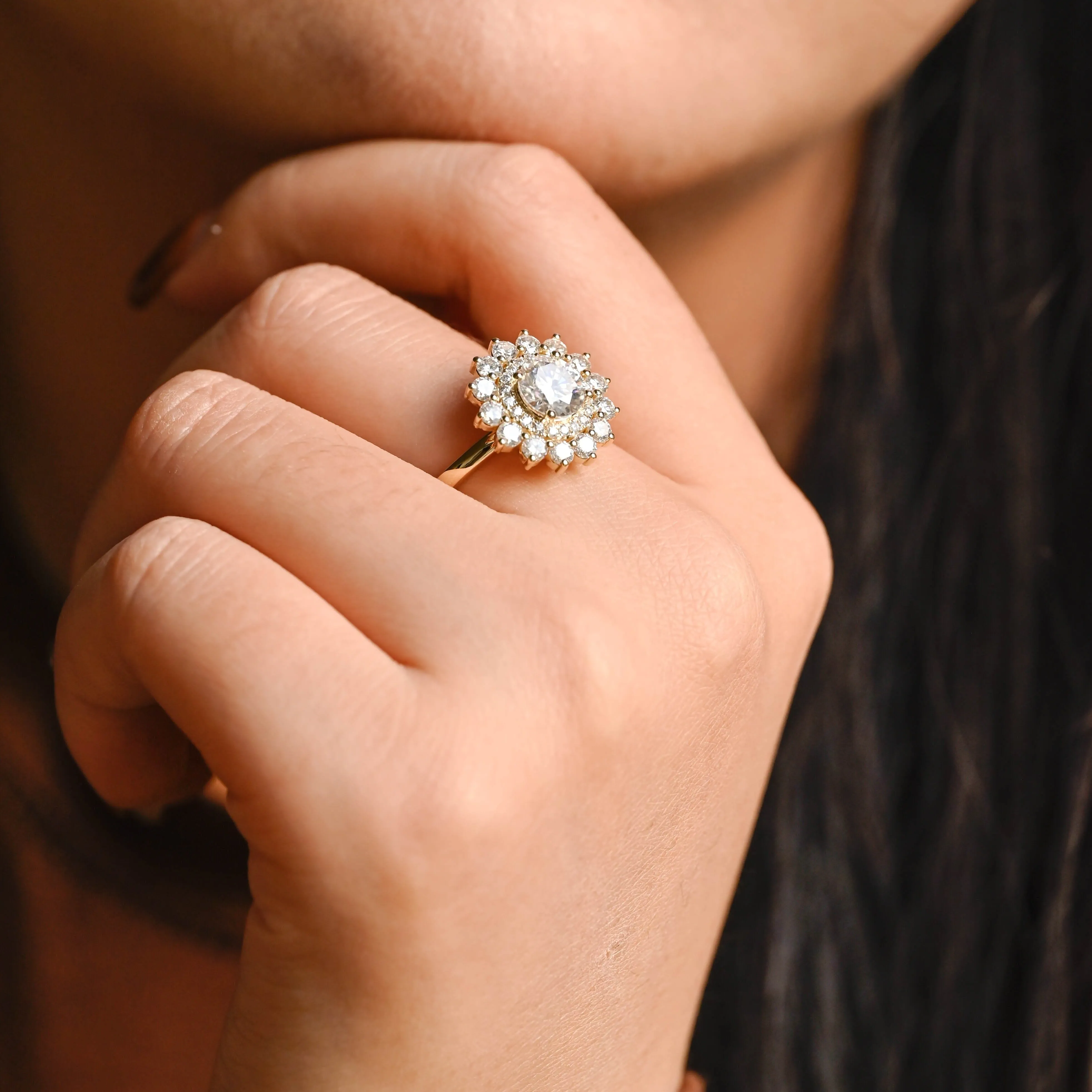 Solid Gold Double Halo Round Cut Moissanite Engagement Ring sold by Causyou product image thumbnail 3