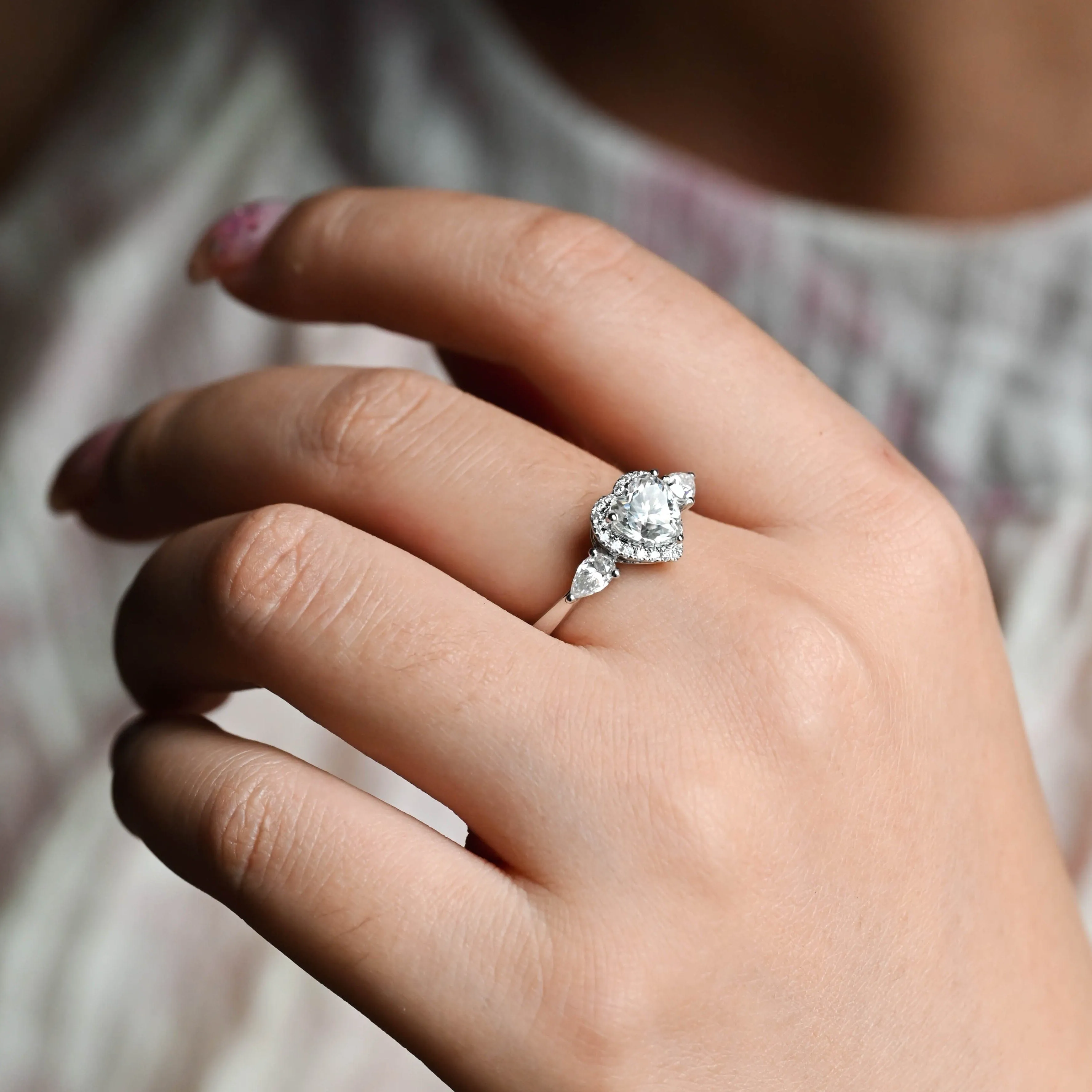 Solid Gold Three Stone Heart Cut Moissanite Engagement Ring sold by Causyou product image thumbnail 4