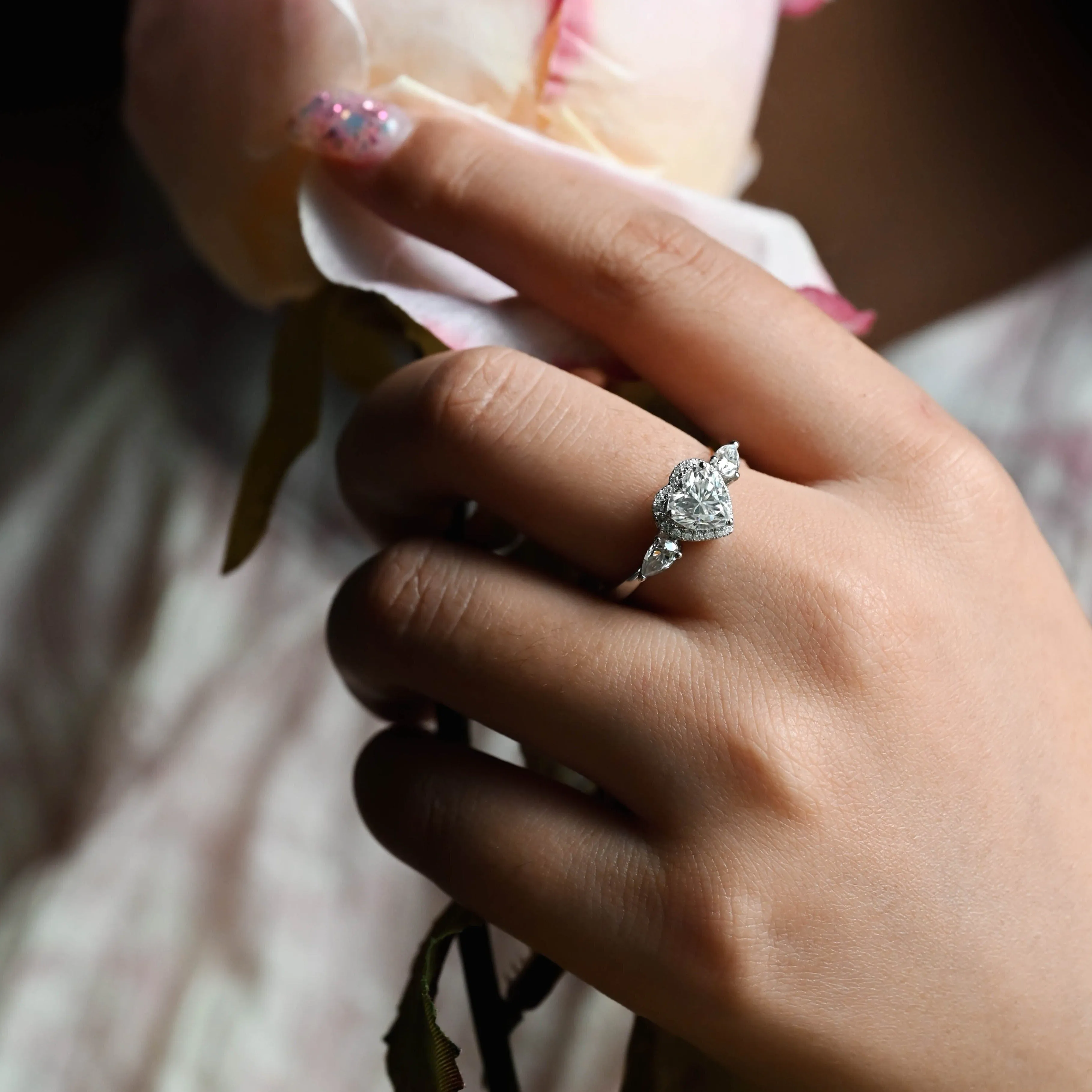 Solid Gold Three Stone Heart Cut Moissanite Engagement Ring sold by Causyou product image thumbnail 2