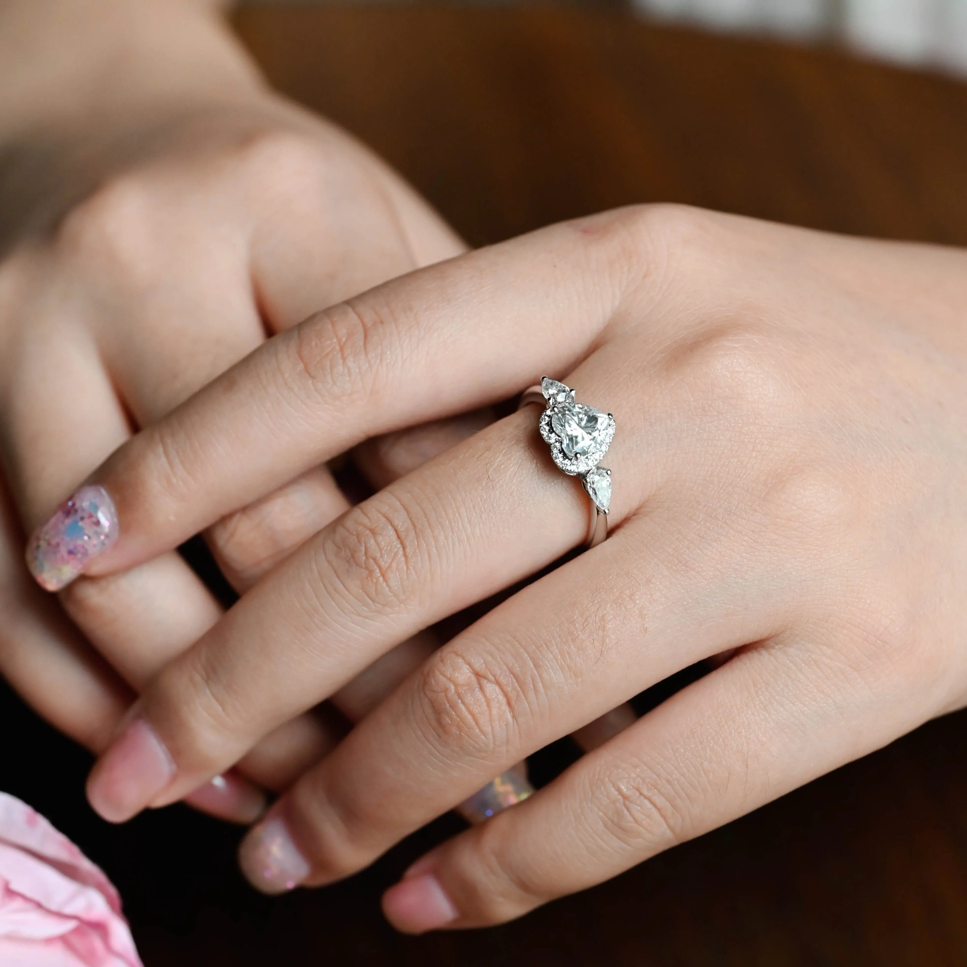 Solid Gold Three Stone Heart Cut Moissanite Engagement Ring sold by Causyou product image thumbnail 3
