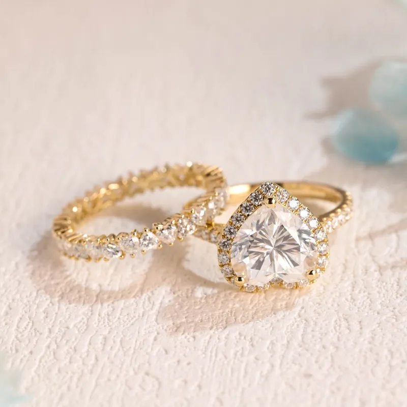 Solid Gold Heart Cut Moissanite Engagement Ring and Wedding Ring Set sold by Causyou