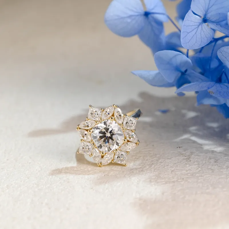 Solid Gold Cluster Cushion Cut Moissanite Engagement Ring sold by Causyou