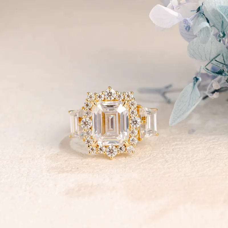Solid Gold Halo Emerald Cut Moissanite Engagement Ring Set sold by Causyou