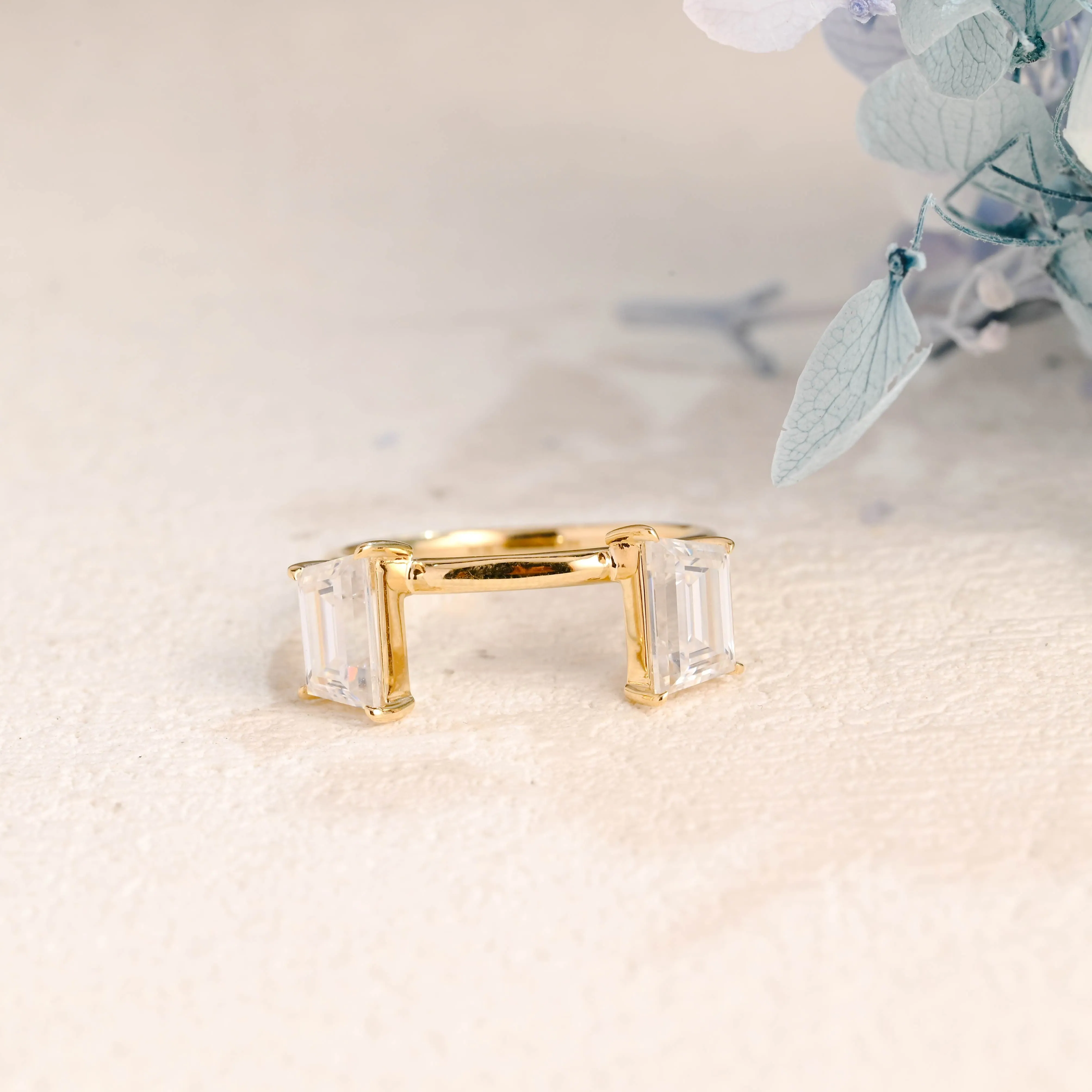 Solid Gold Open Trapezoid Cut Moissanite Notched Wedding Band sold by Causyou