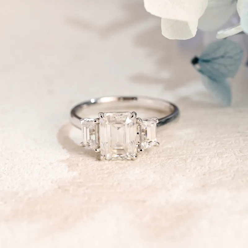 Solid Gold Three Stone Emerald Cut Moissanite Engagement Ring sold by Causyou
