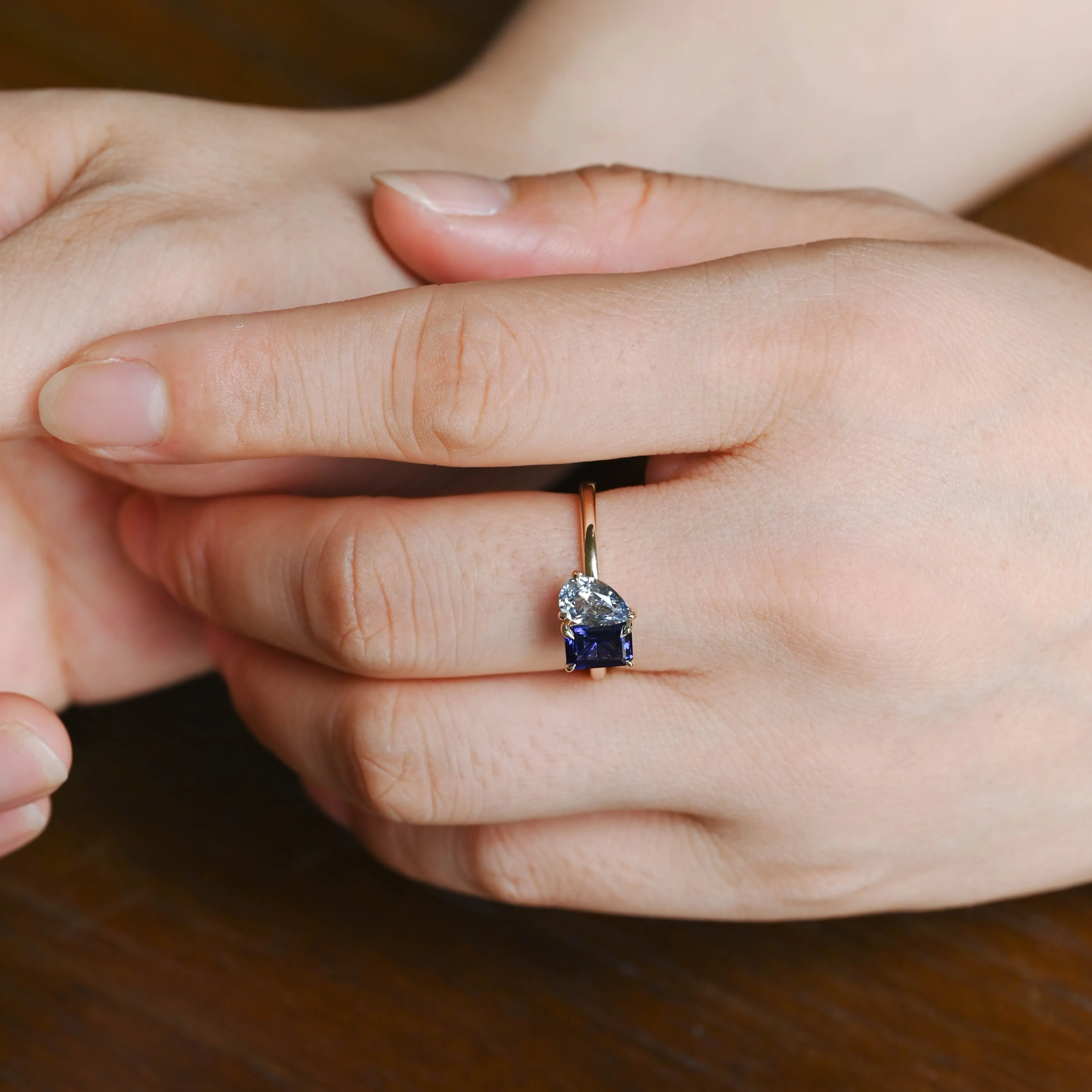 Toi et Moi Ring, Solid Gold Emerald Lab Grown Blue Sapphire & Pear Aquamarine Sapphire Engagement Ring sold by Causyou product image thumbnail 3