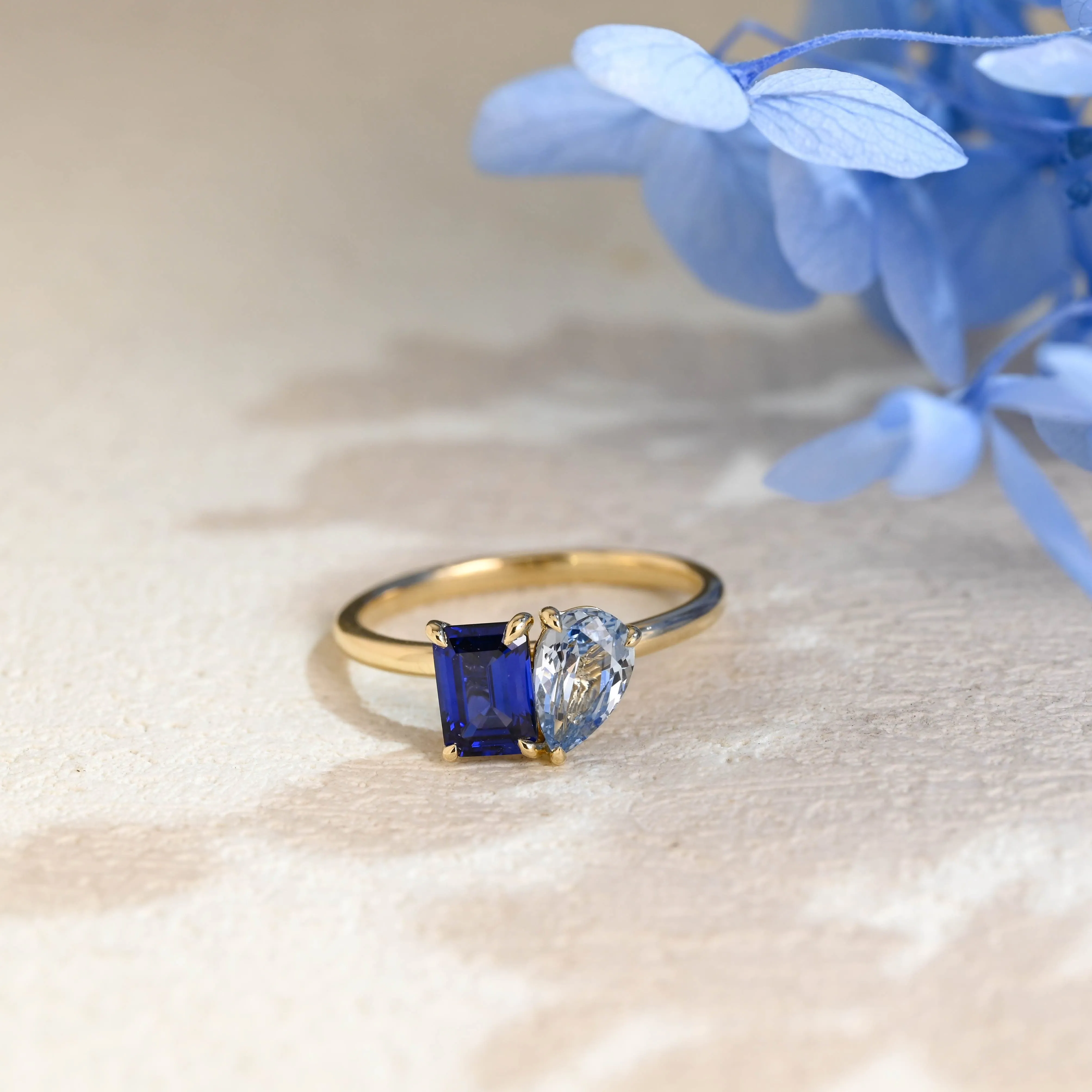Toi et Moi Ring, Solid Gold Emerald Lab Grown Blue Sapphire & Pear Aquamarine Sapphire Engagement Ring sold by Causyou