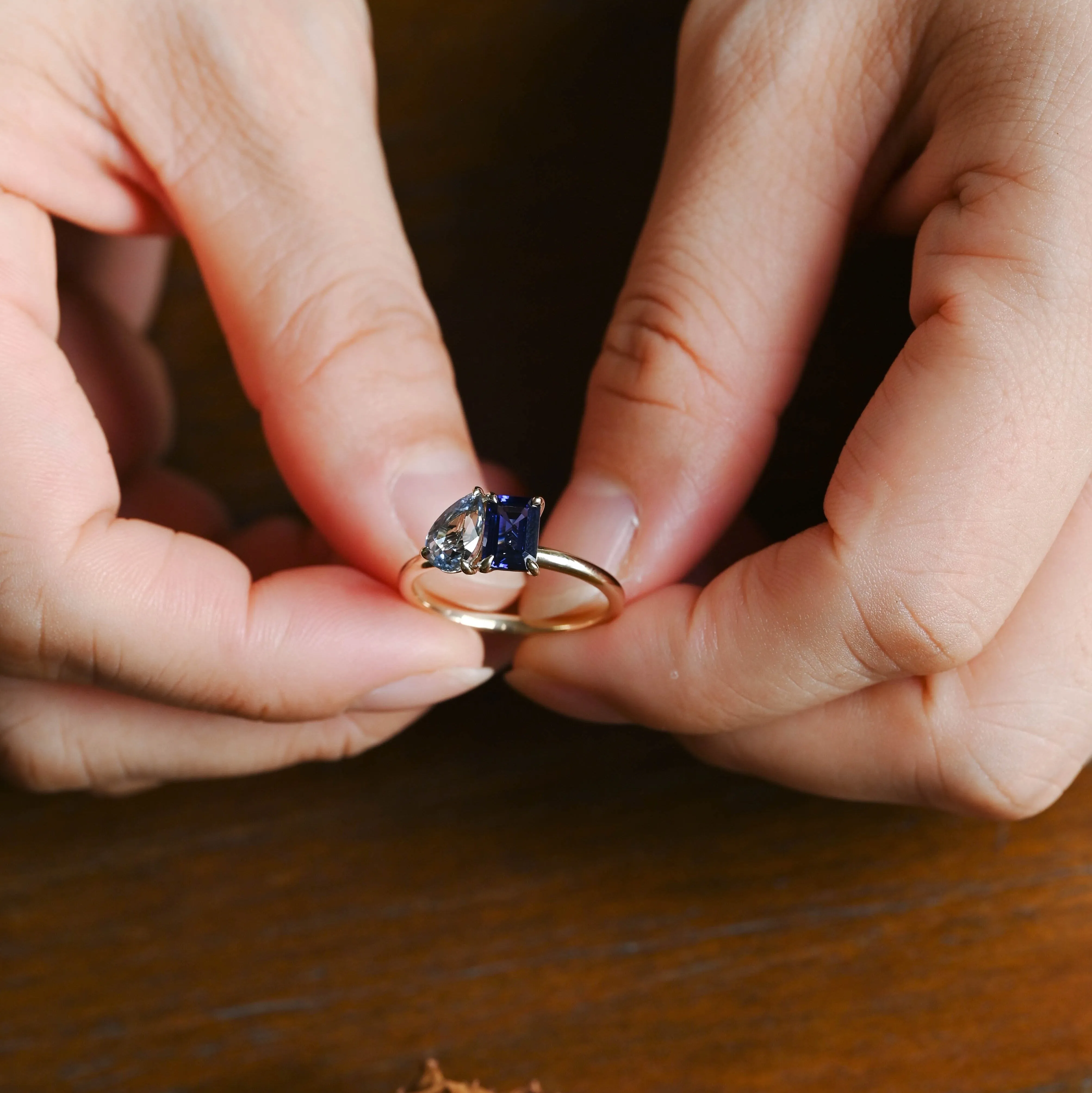 Toi et Moi Ring, Solid Gold Emerald Lab Grown Blue Sapphire & Pear Aquamarine Sapphire Engagement Ring sold by Causyou product image thumbnail 4