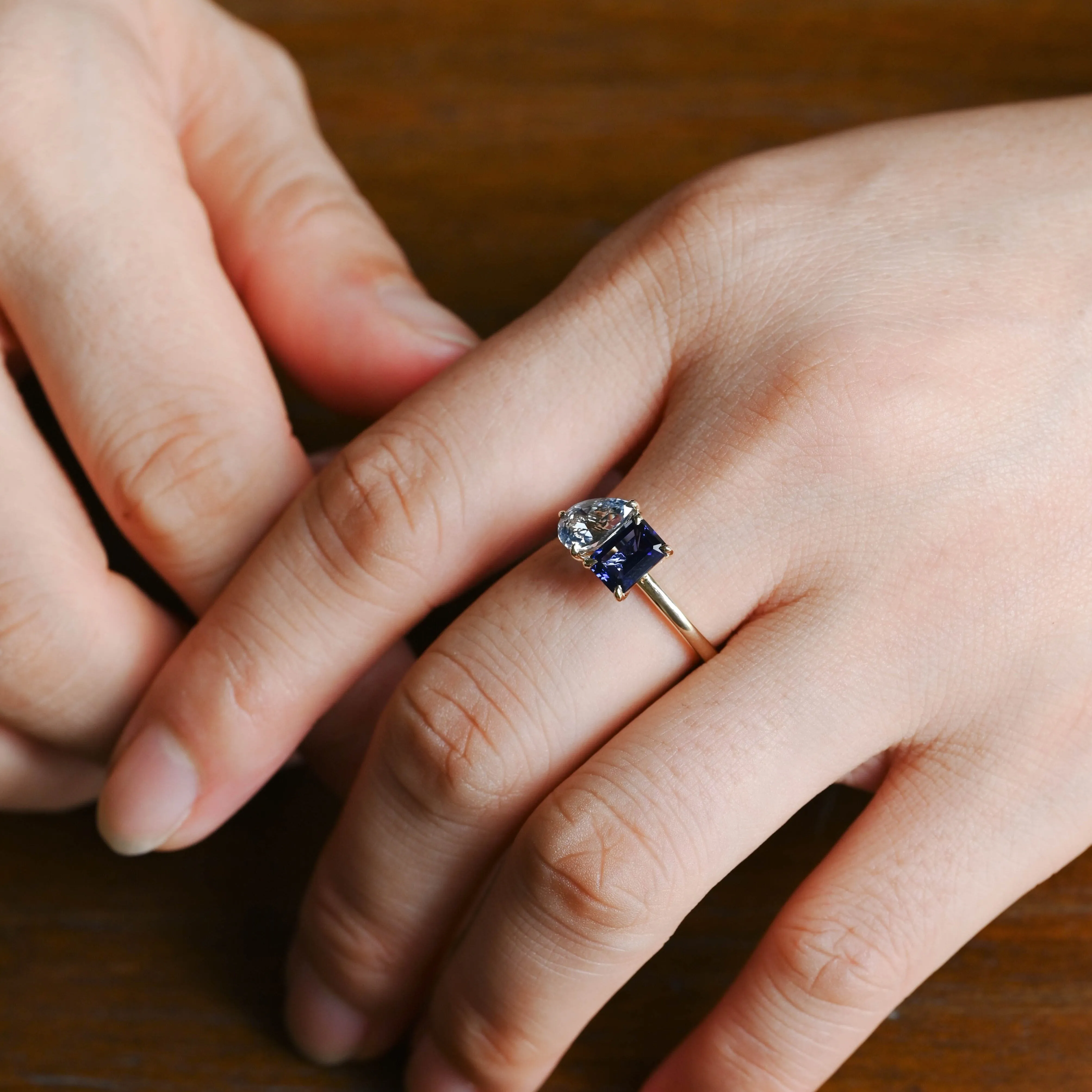 Toi et Moi Ring, Solid Gold Emerald Lab Grown Blue Sapphire & Pear Aquamarine Sapphire Engagement Ring sold by Causyou product image thumbnail 2