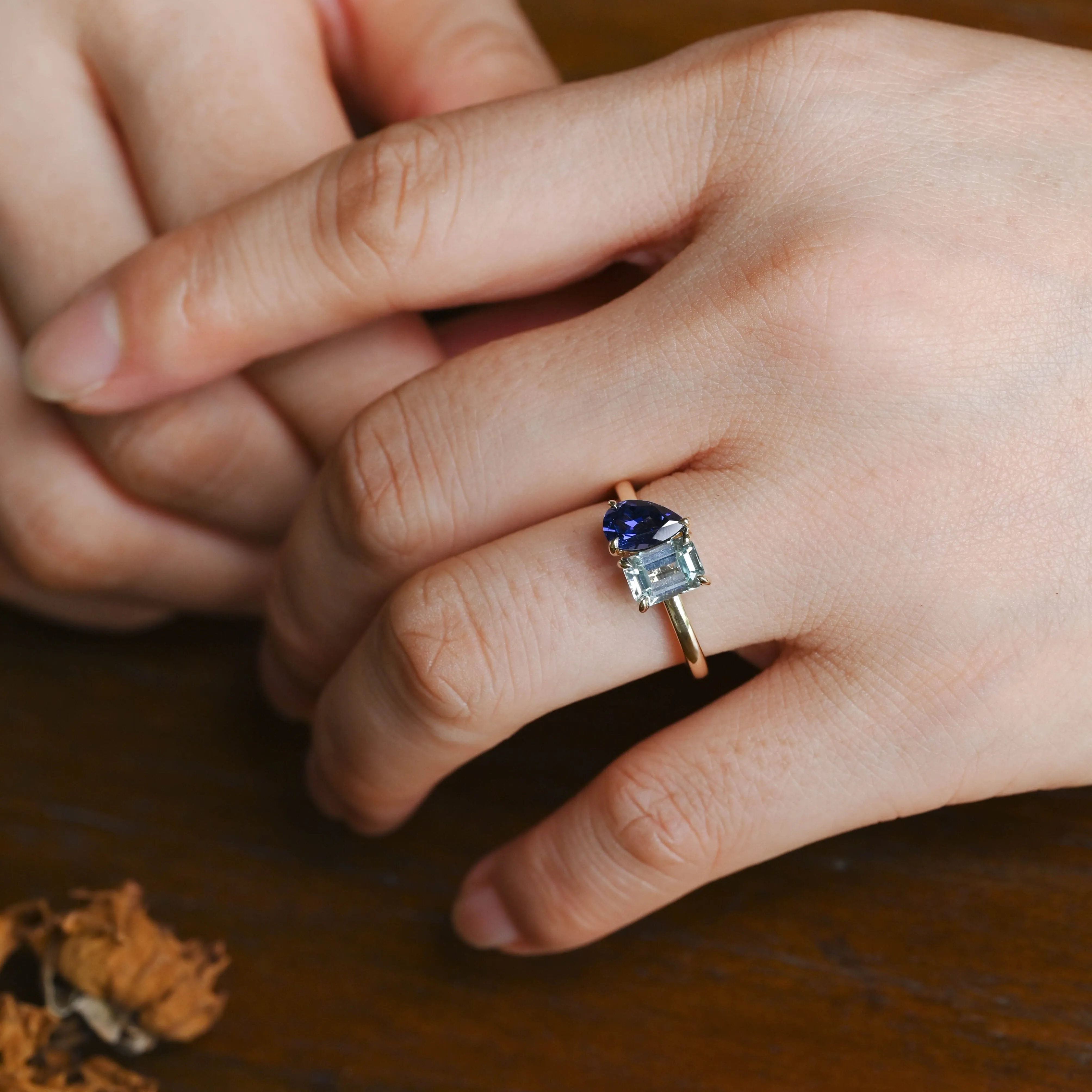 Toi et Moi Ring, Solid Gold Emerald Lab Grown Aquamarine Sapphire & Pear Blue Sapphire Engagement sold by Causyou product image thumbnail 2