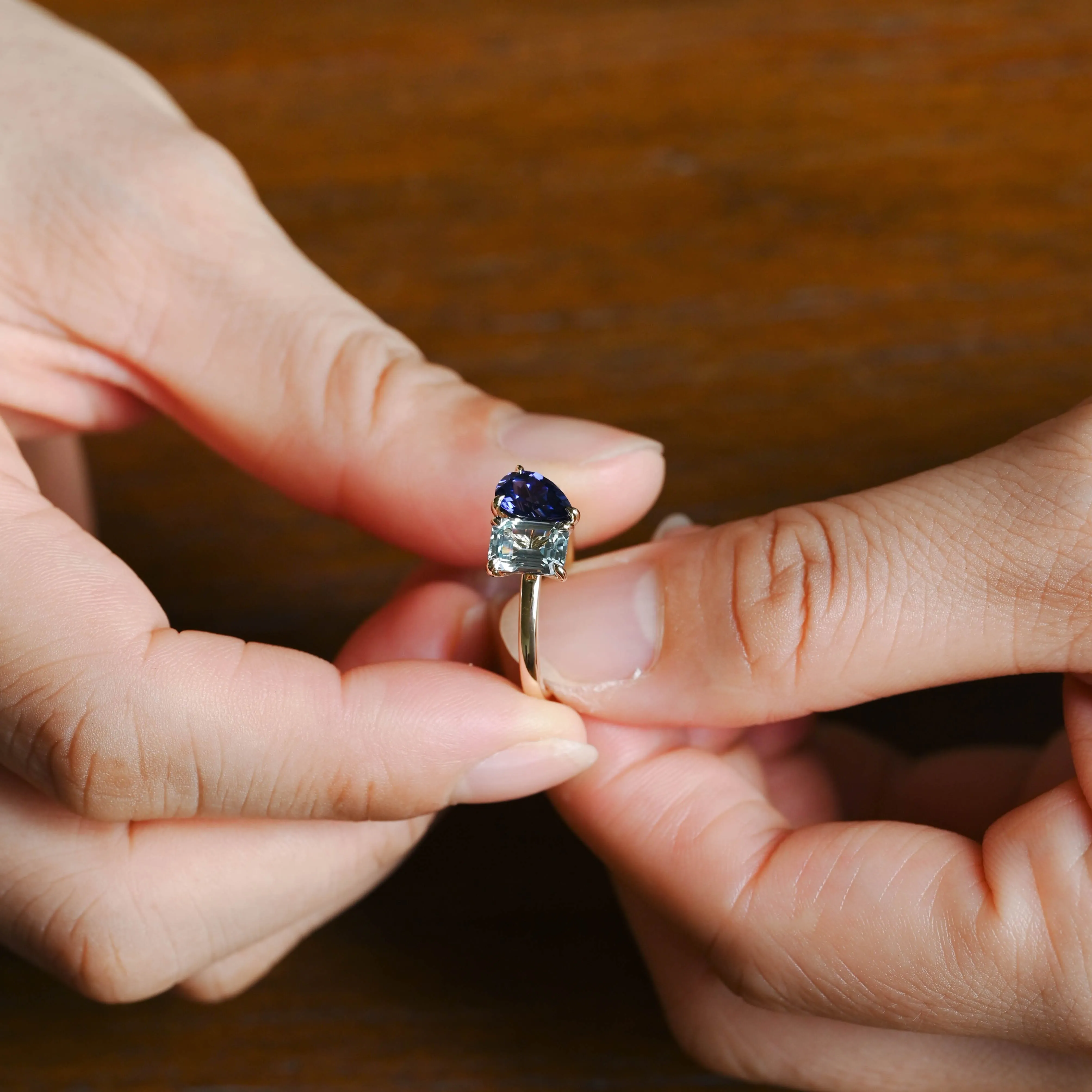 Toi et Moi Ring, Solid Gold Emerald Lab Grown Aquamarine Sapphire & Pear Blue Sapphire Engagement sold by Causyou product image thumbnail 4
