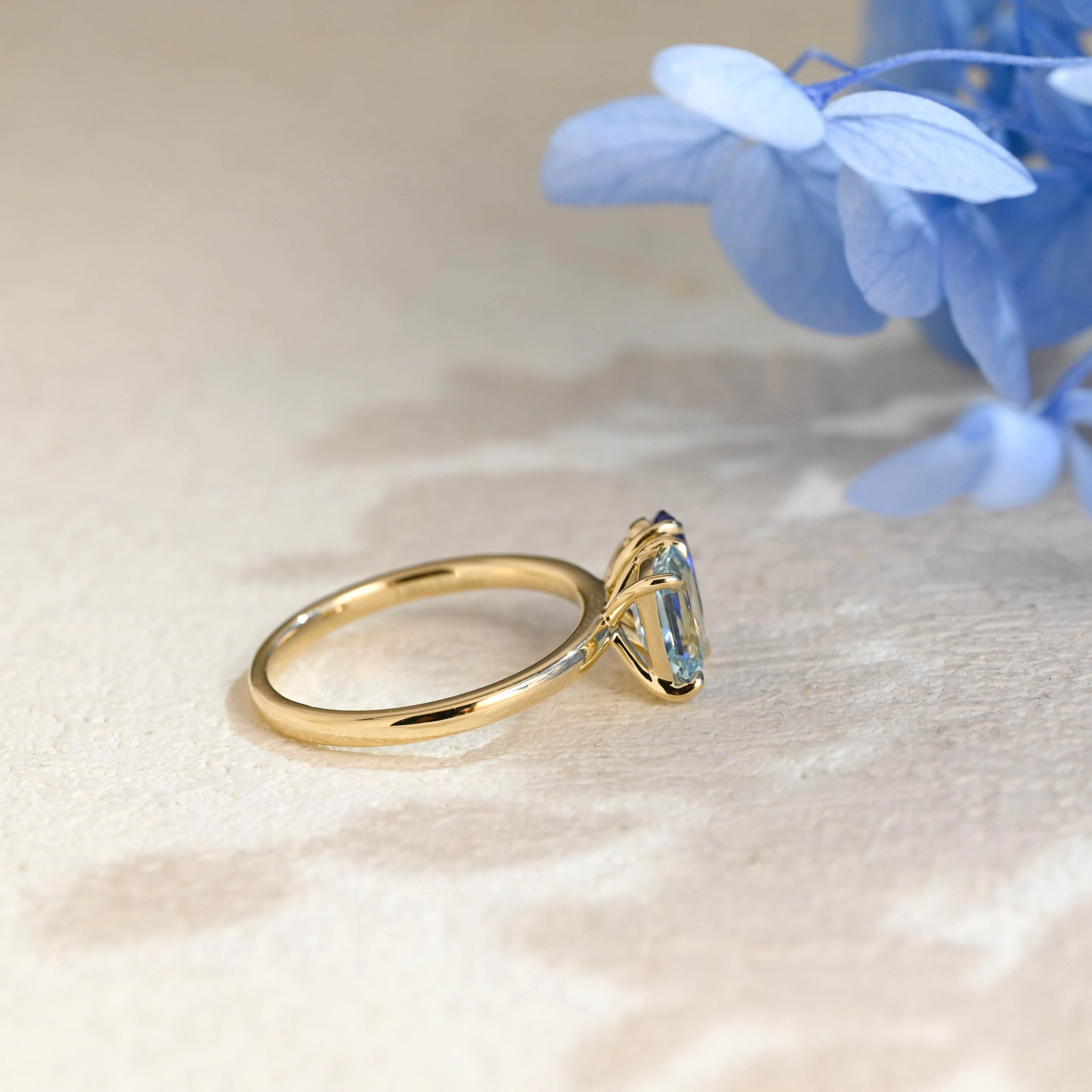 Toi et Moi Ring, Solid Gold Emerald Lab Grown Aquamarine Sapphire & Pear Blue Sapphire Engagement sold by Causyou product image thumbnail 5