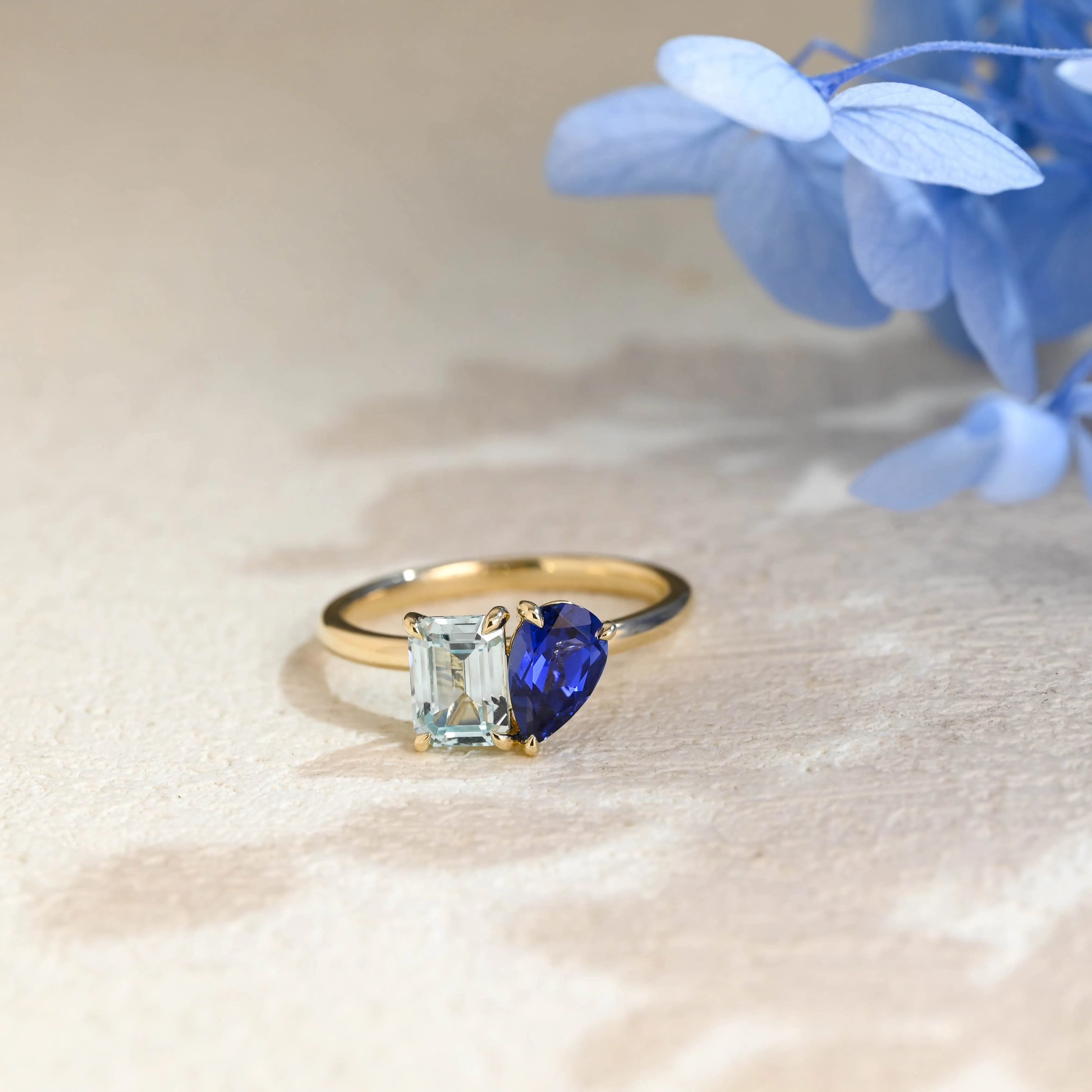 Toi et Moi Ring, Solid Gold Emerald Lab Grown Aquamarine Sapphire & Pear Blue Sapphire Engagement sold by Causyou