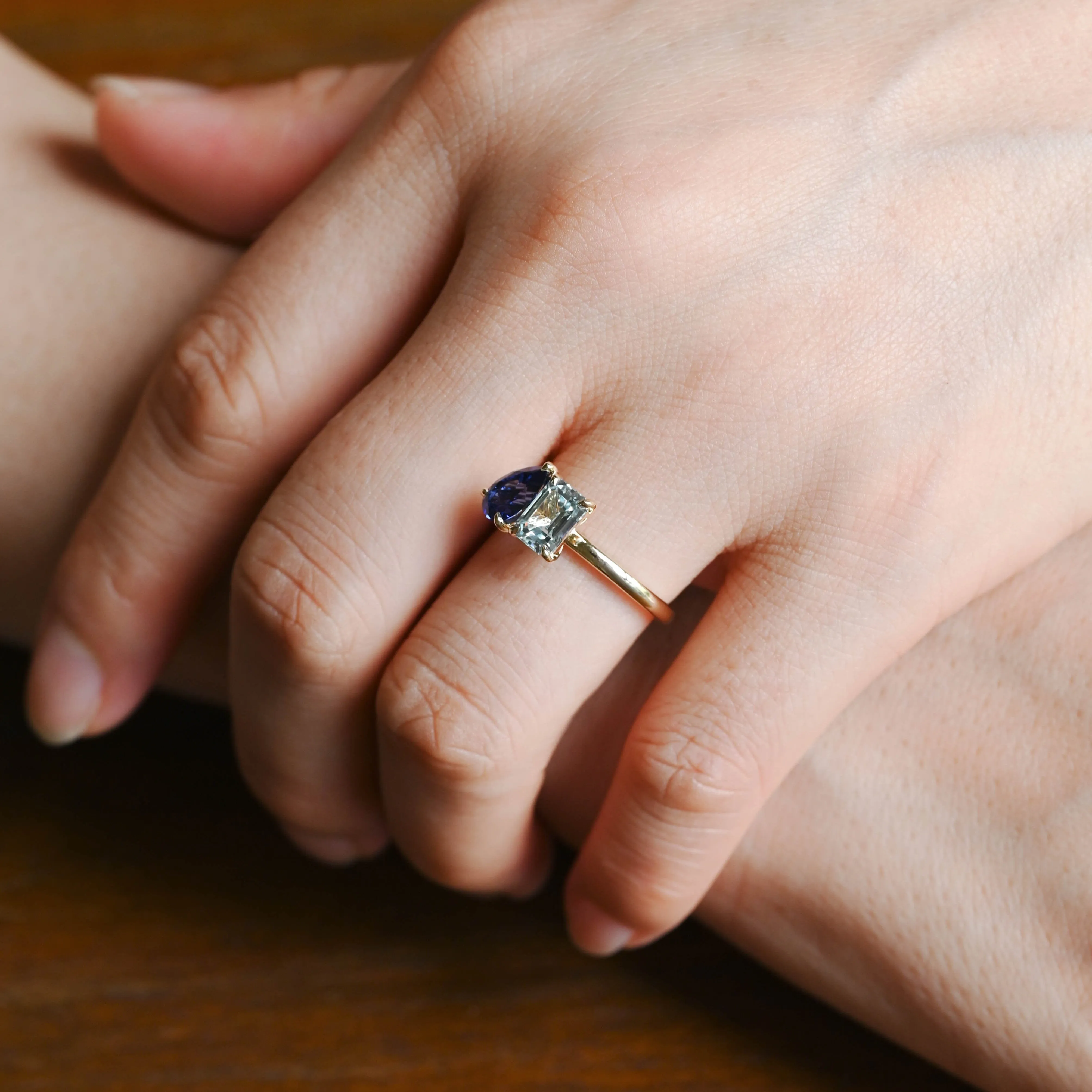 Toi et Moi Ring, Solid Gold Emerald Lab Grown Aquamarine Sapphire & Pear Blue Sapphire Engagement sold by Causyou product image thumbnail 3