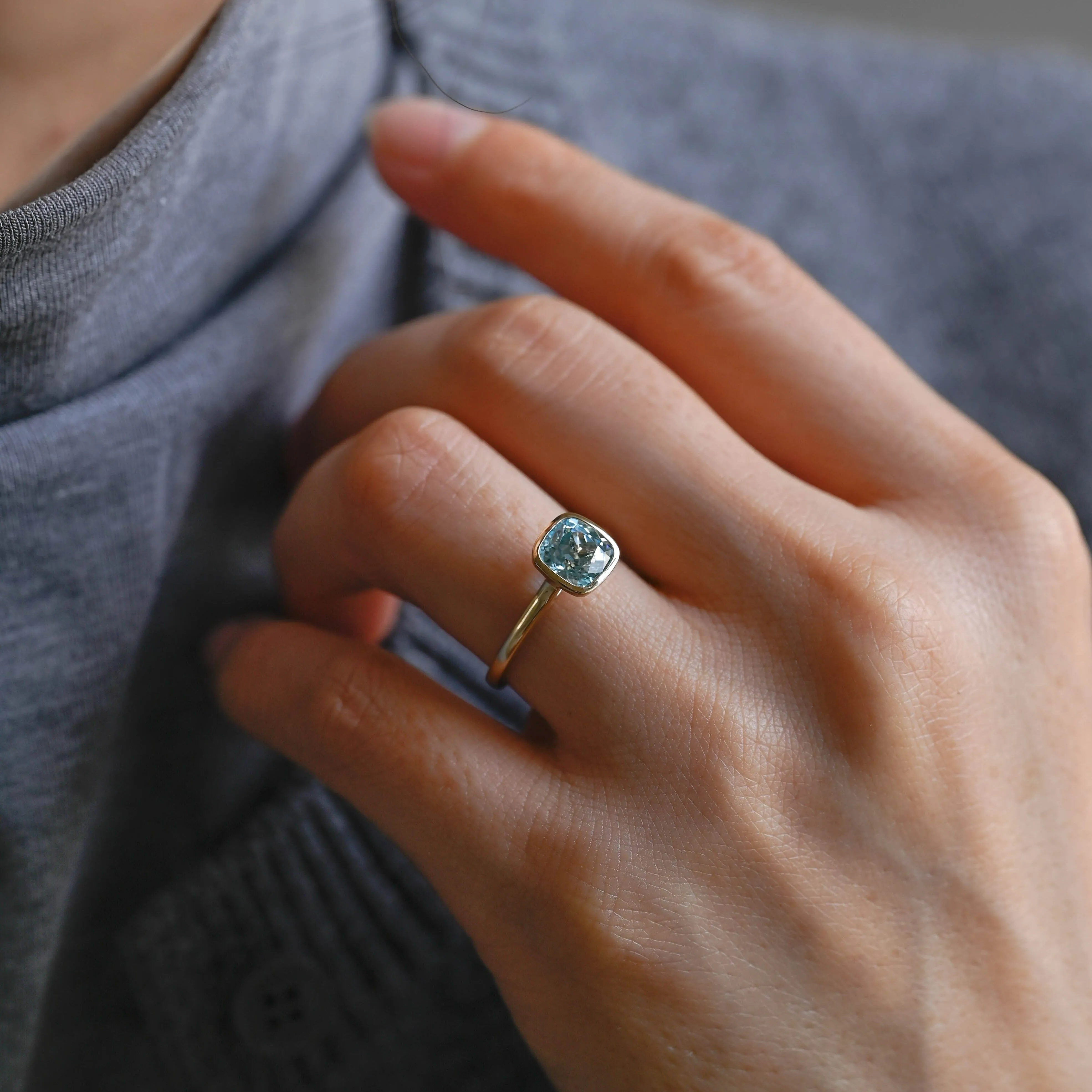 Solid Gold Solitaire Cushion Cut Lab Grown Sapphire Engagement Ring sold by Causyou product image thumbnail 3