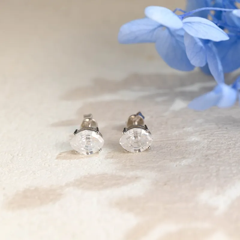 Solid Gold Solitaire Step Cut Oval Moissanite Earrings Studs sold by Causyou