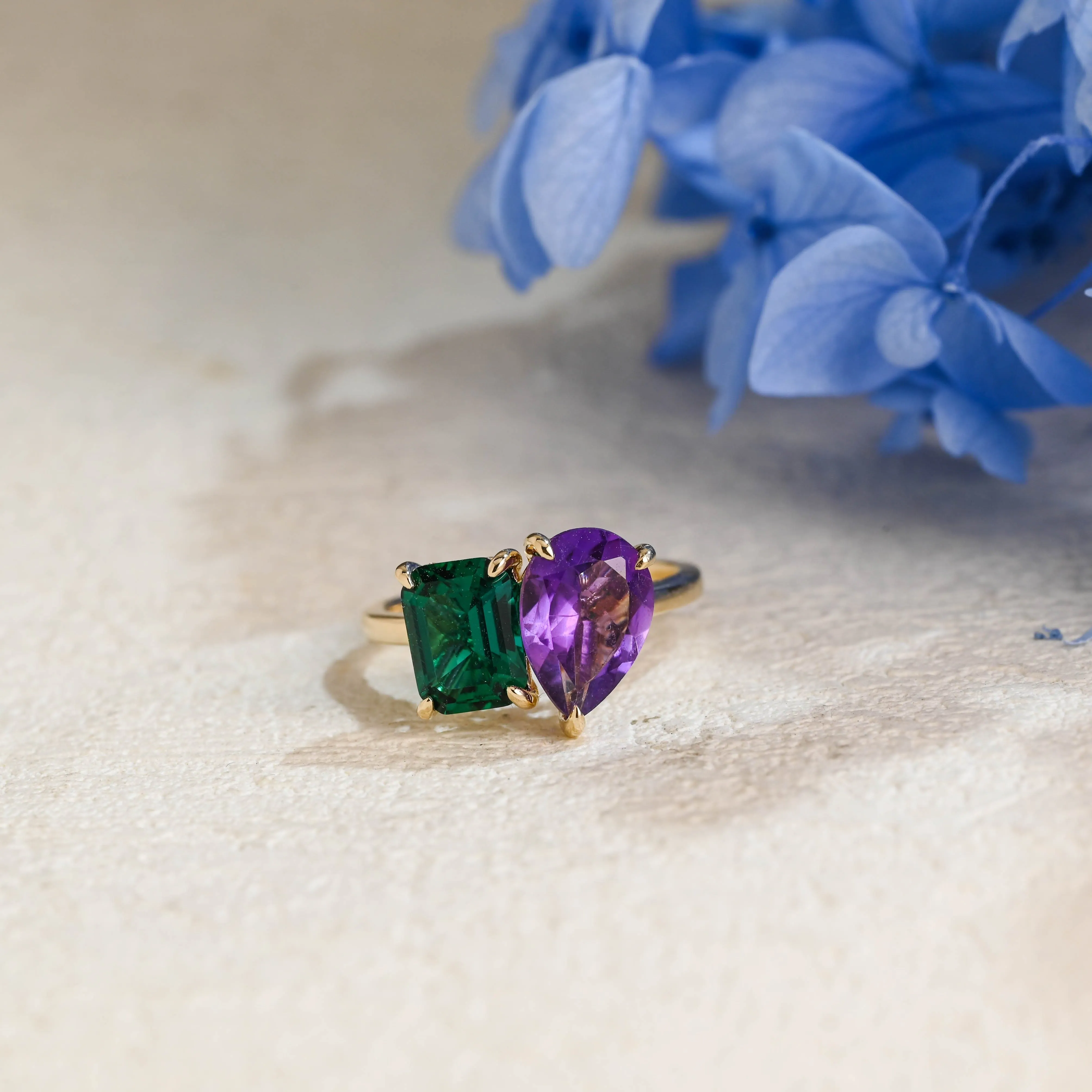 Toi et Moi Ring, Solid Gold Hidden Halo Lab Grown Emerald & Pear Cut Alexandrite Engagement Ring sold by Causyou