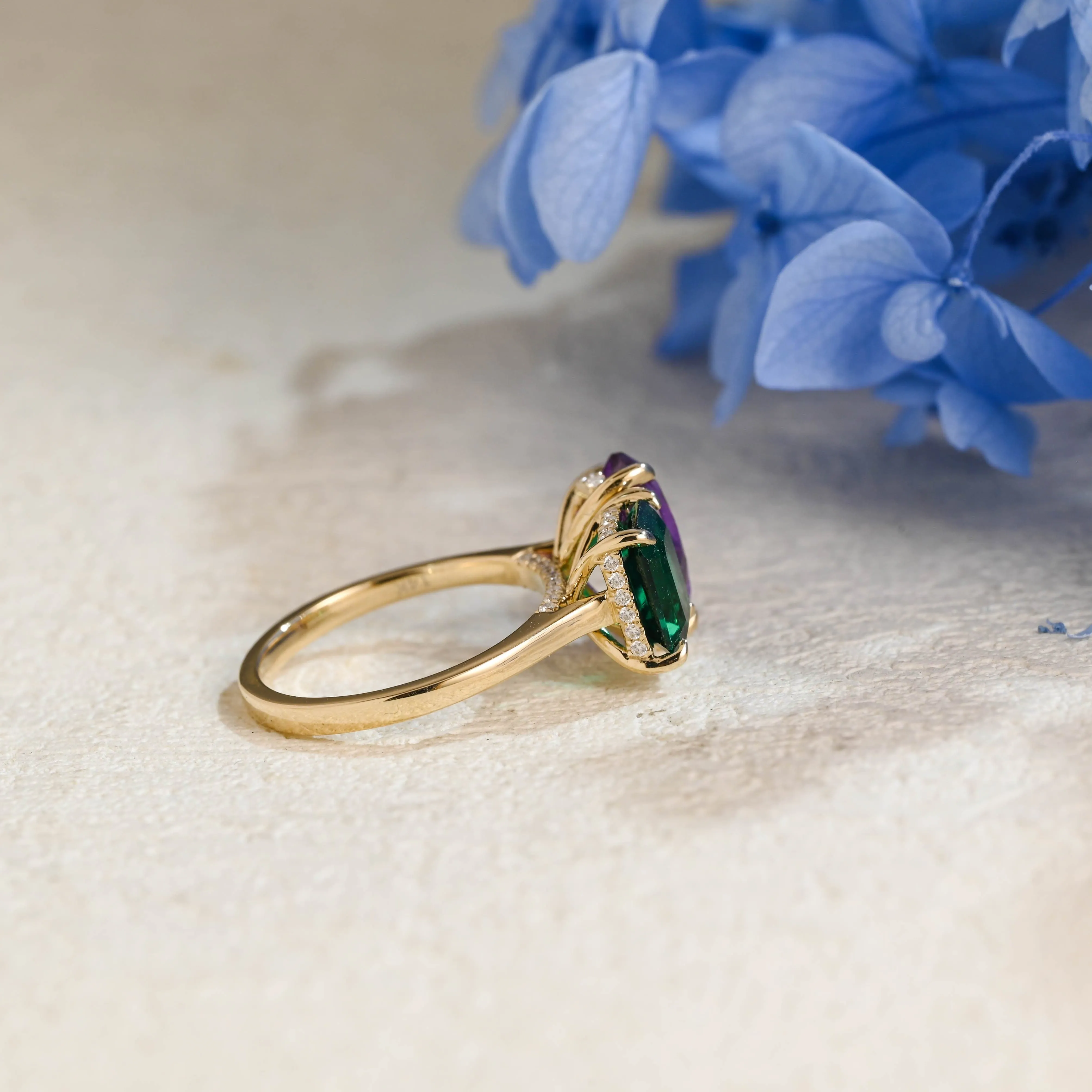 Toi et Moi Ring, Solid Gold Hidden Halo Lab Grown Emerald & Pear Cut Alexandrite Engagement Ring sold by Causyou product image thumbnail 5