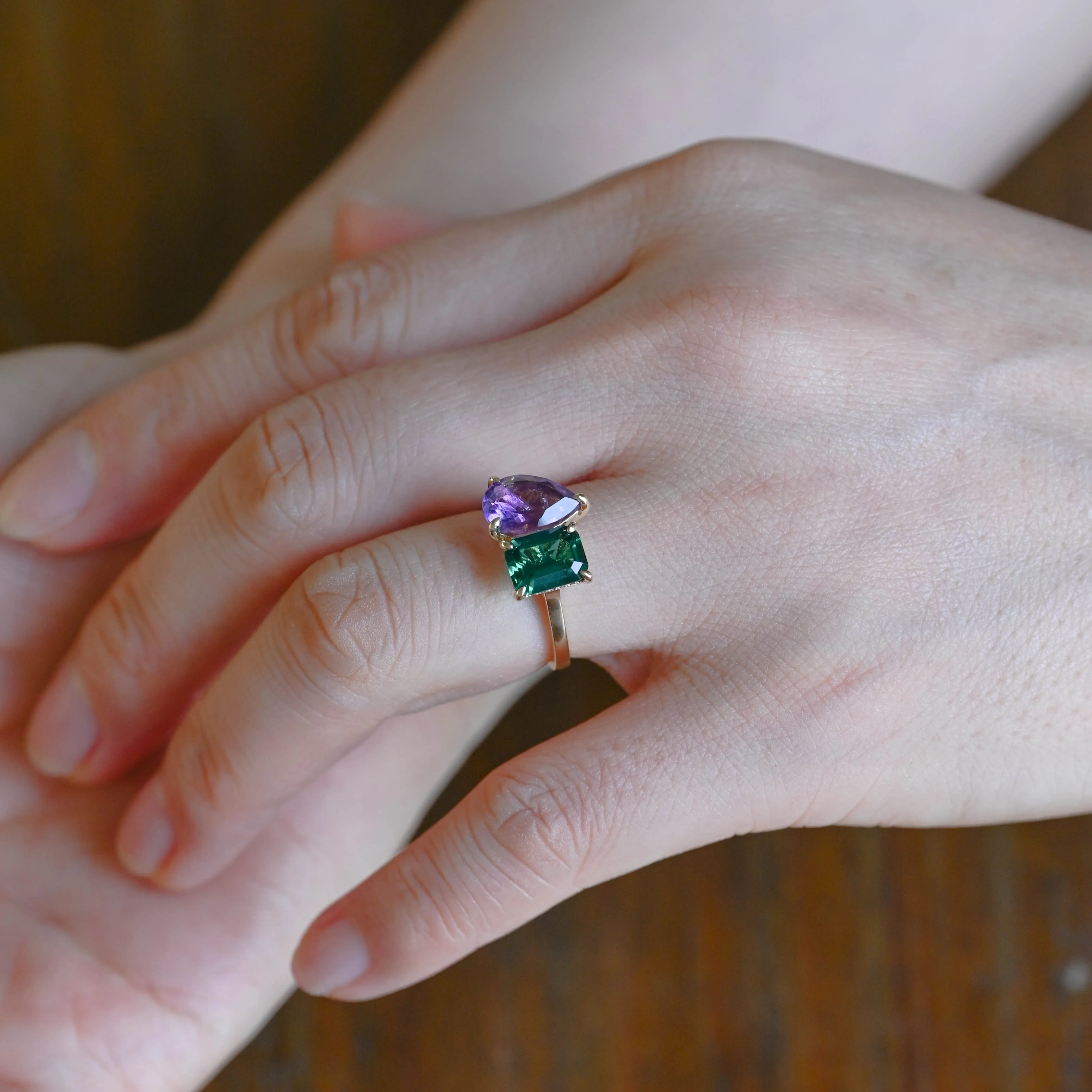 Toi et Moi Ring, Solid Gold Hidden Halo Lab Grown Emerald & Pear Cut Alexandrite Engagement Ring sold by Causyou product image thumbnail 2