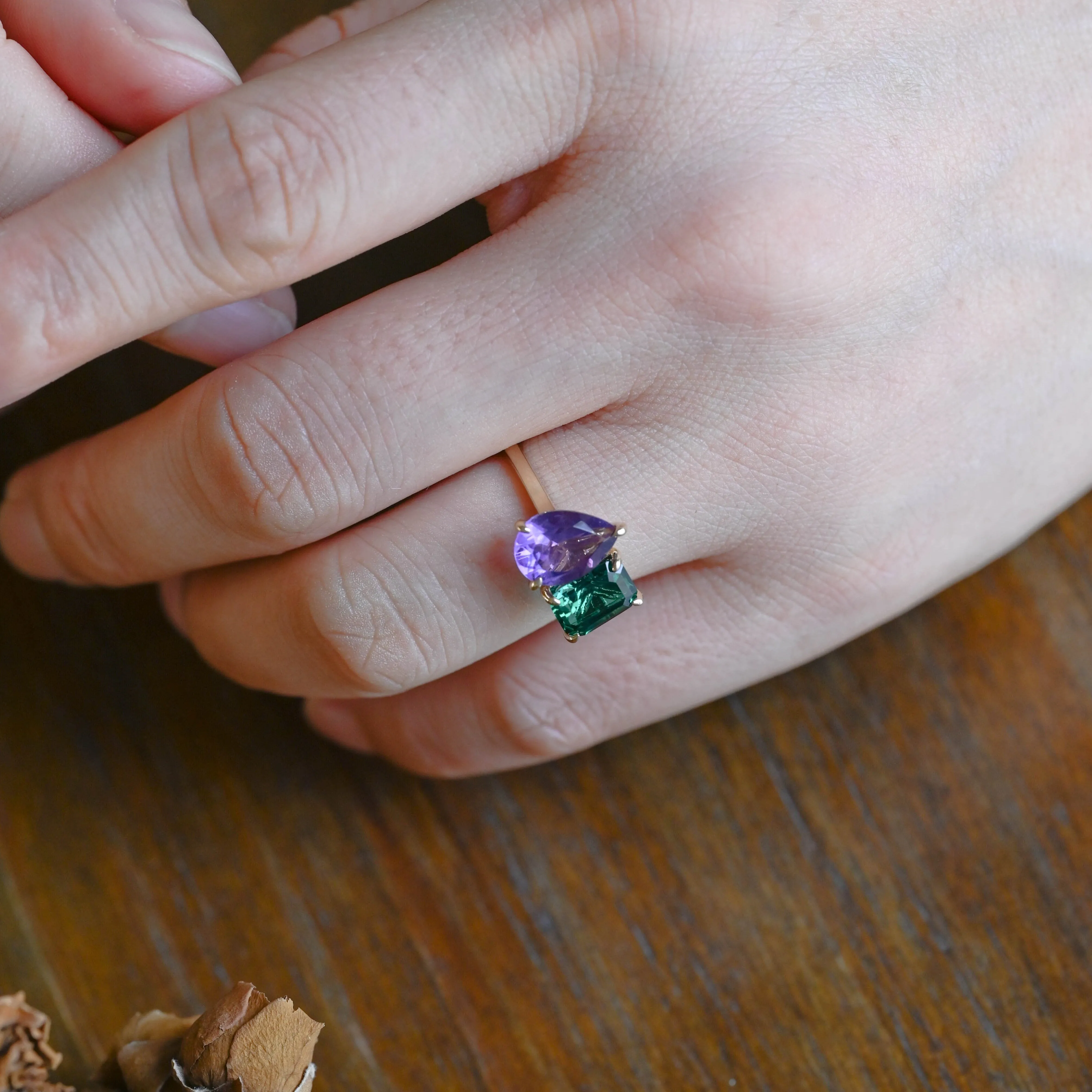 Toi et Moi Ring, Solid Gold Hidden Halo Lab Grown Emerald & Pear Cut Alexandrite Engagement Ring sold by Causyou product image thumbnail 3