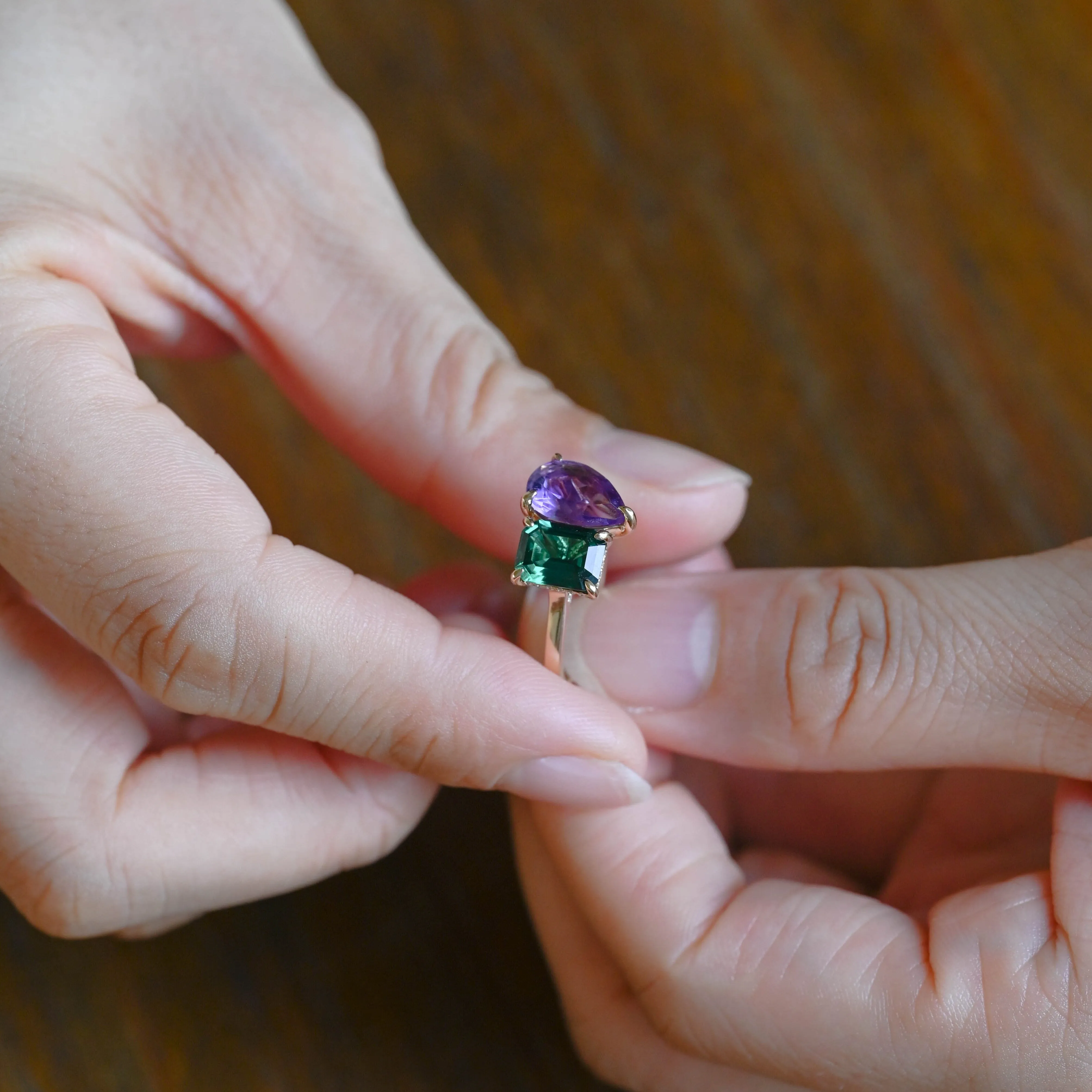 Toi et Moi Ring, Solid Gold Hidden Halo Lab Grown Emerald & Pear Cut Alexandrite Engagement Ring sold by Causyou product image thumbnail 4