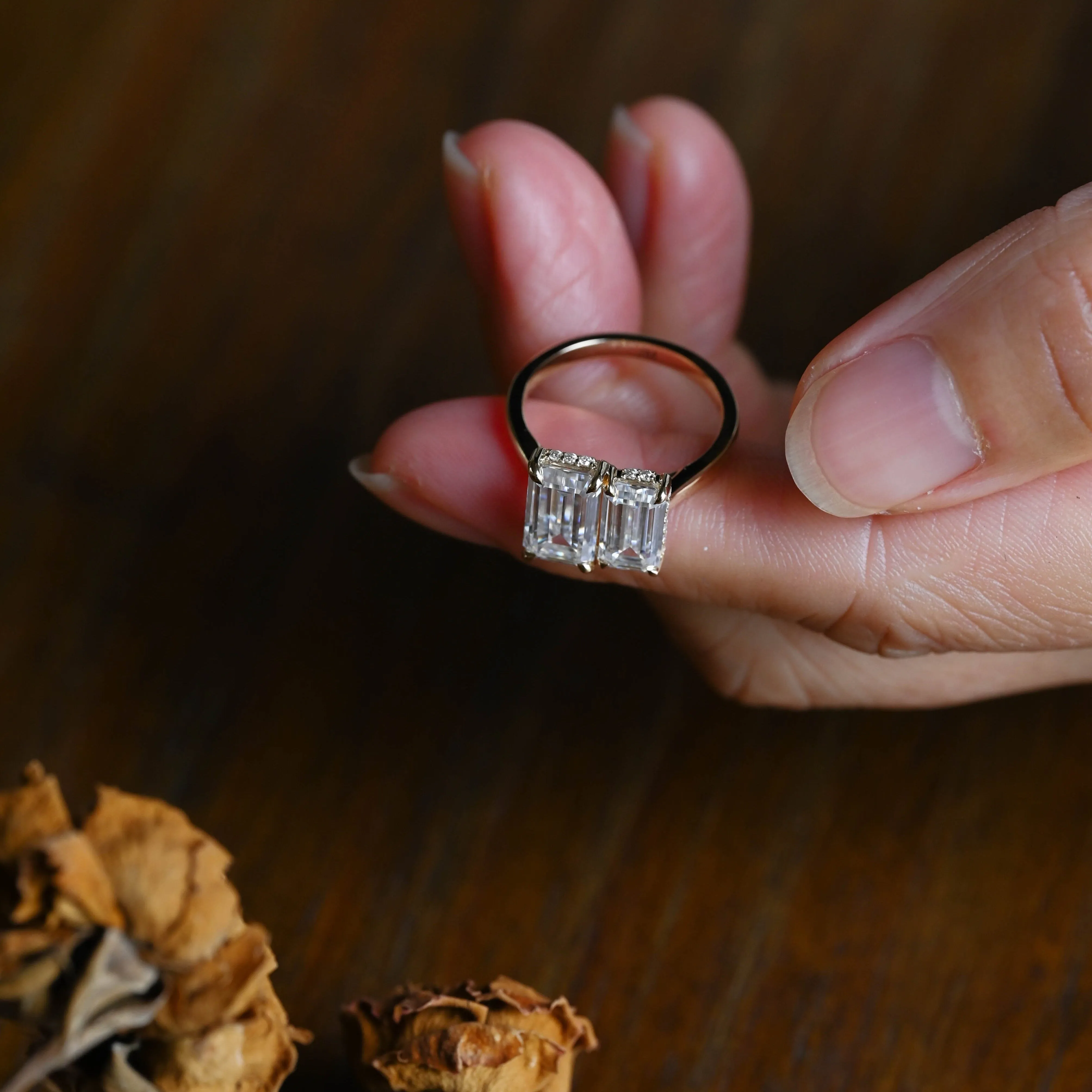 Solid Gold Elongated Emerald Cut Moissanite Toi et Moi Ring sold by Causyou product image thumbnail 4