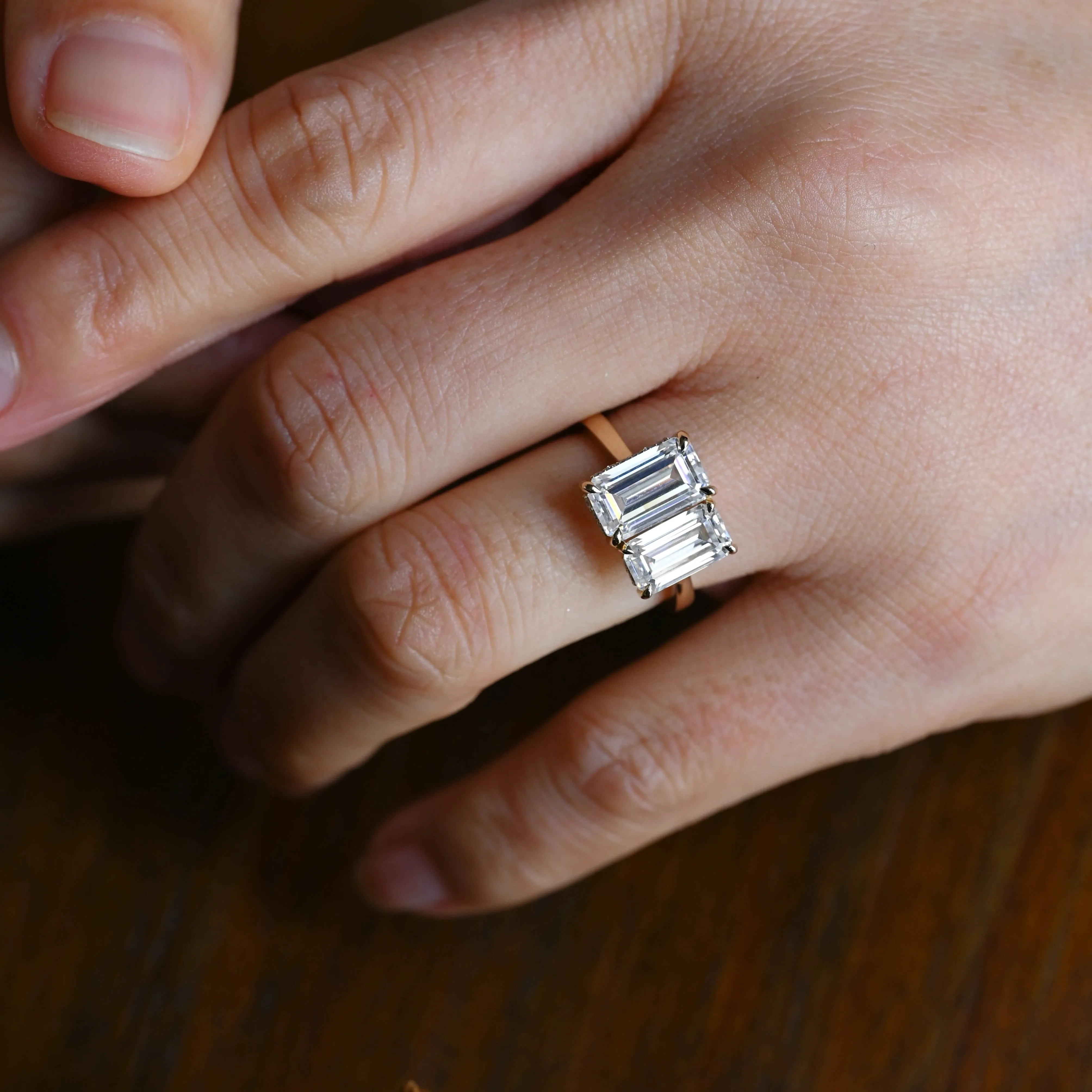 Solid Gold Elongated Emerald Cut Moissanite Toi et Moi Ring sold by Causyou product image thumbnail 3