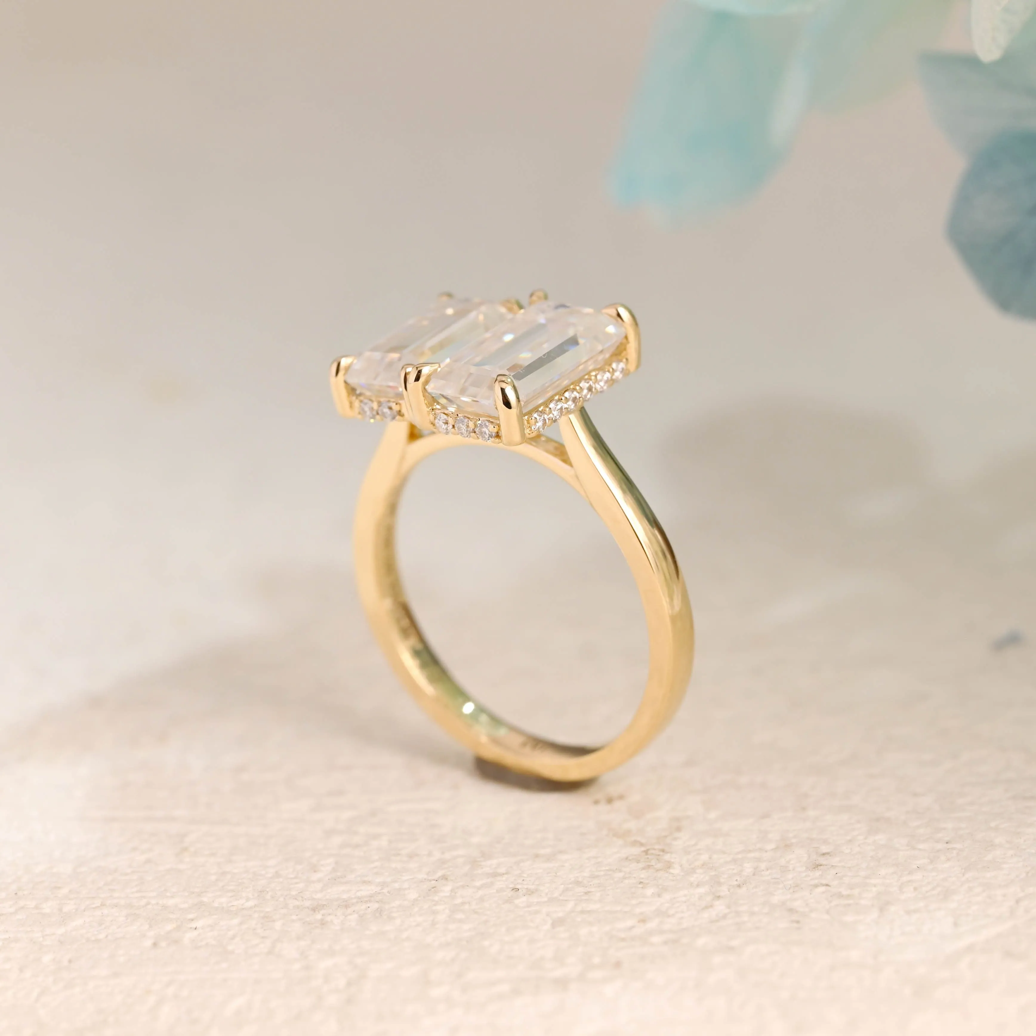 Solid Gold Elongated Emerald Cut Moissanite Toi et Moi Ring sold by Causyou product image thumbnail 5