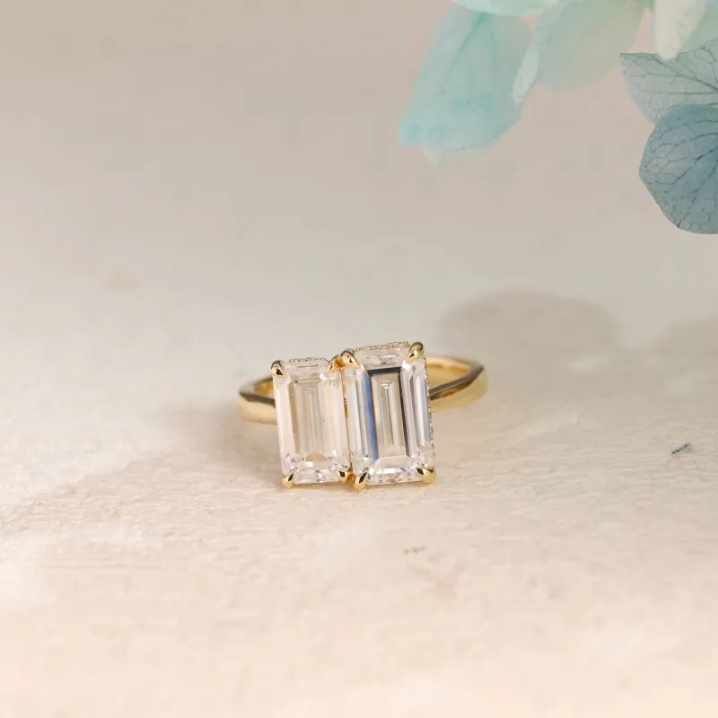Solid Gold Elongated Emerald Cut Moissanite Toi et Moi Ring sold by Causyou