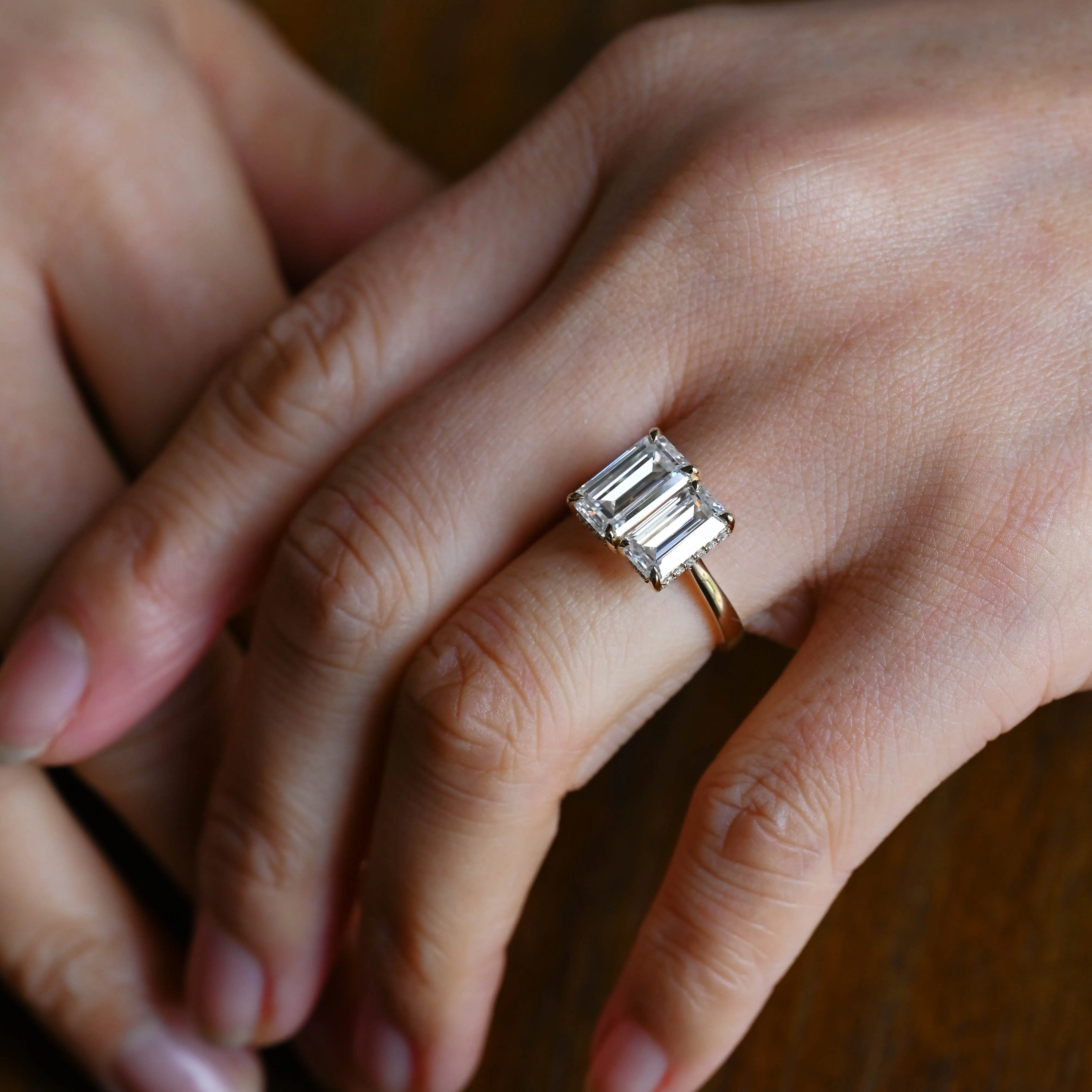 Solid Gold Elongated Emerald Cut Moissanite Toi et Moi Ring sold by Causyou product image thumbnail 2