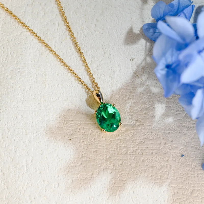 Solid Gold Solitaire Oval Cut Lab Emerald Pendant Necklace sold by Causyou