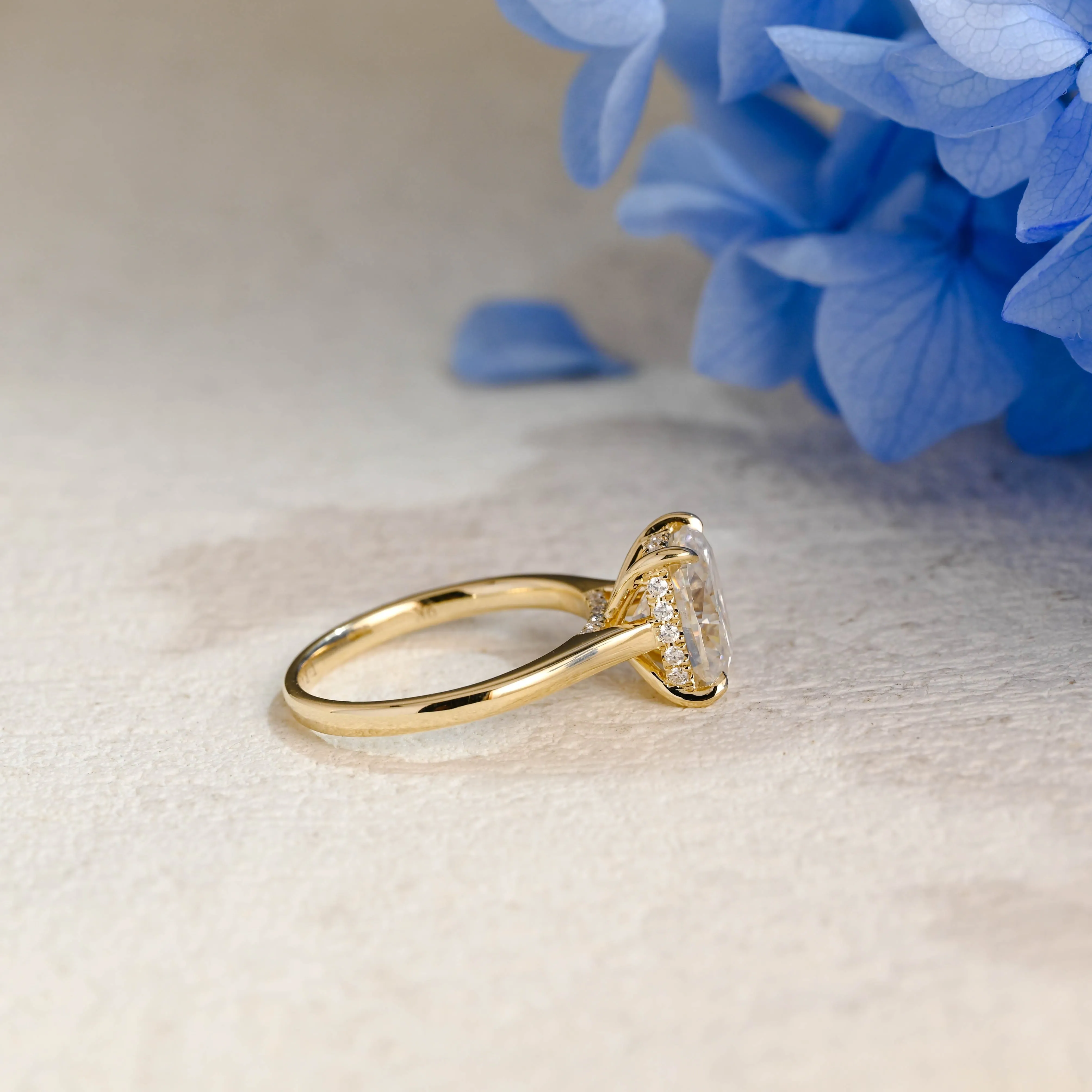 Solid Gold Solitaire Hidden Halo Elongated Cushion Cut Moissanite Engagement Ring sold by Causyou product image thumbnail 5