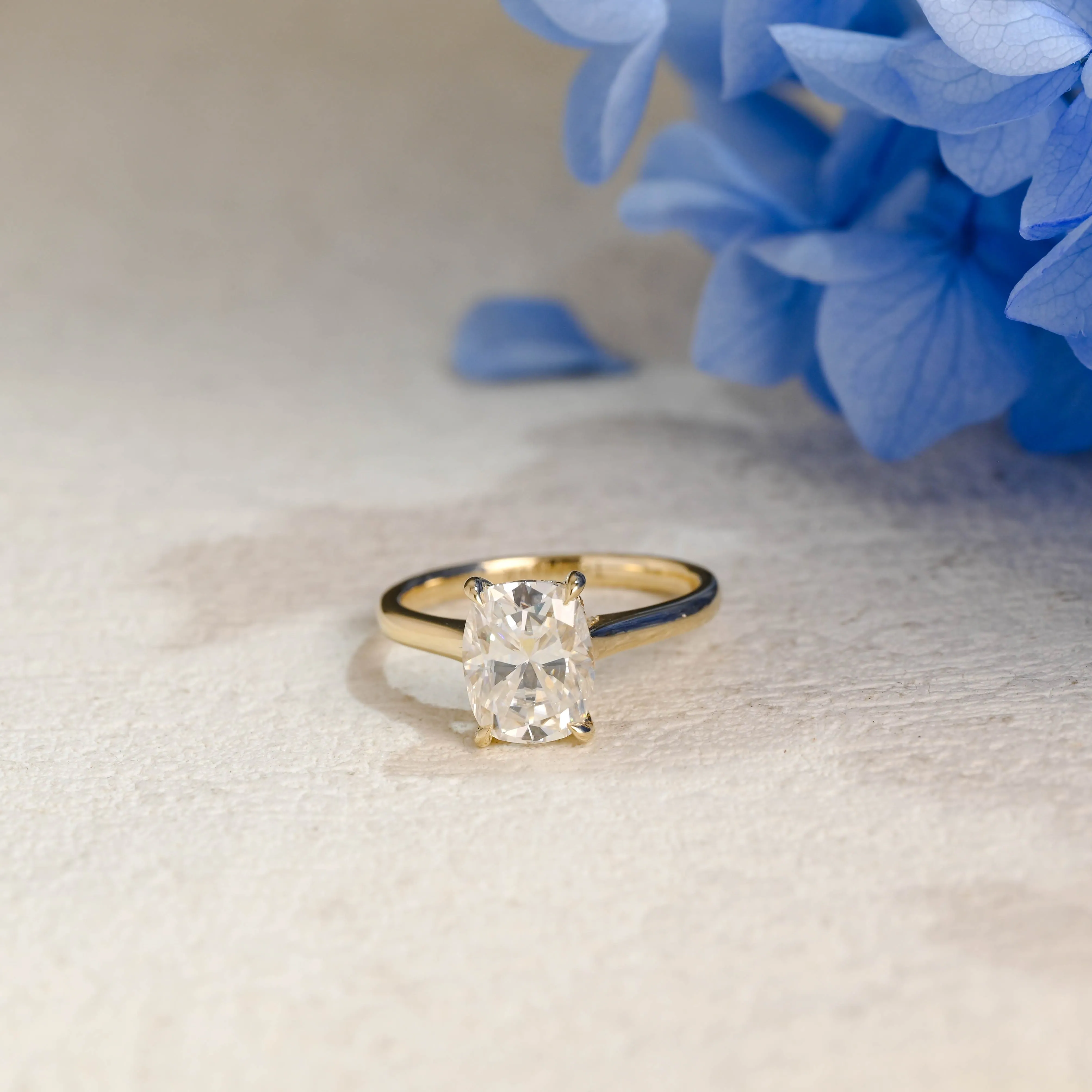 Solid Gold Solitaire Hidden Halo Elongated Cushion Cut Moissanite Engagement Ring sold by Causyou
