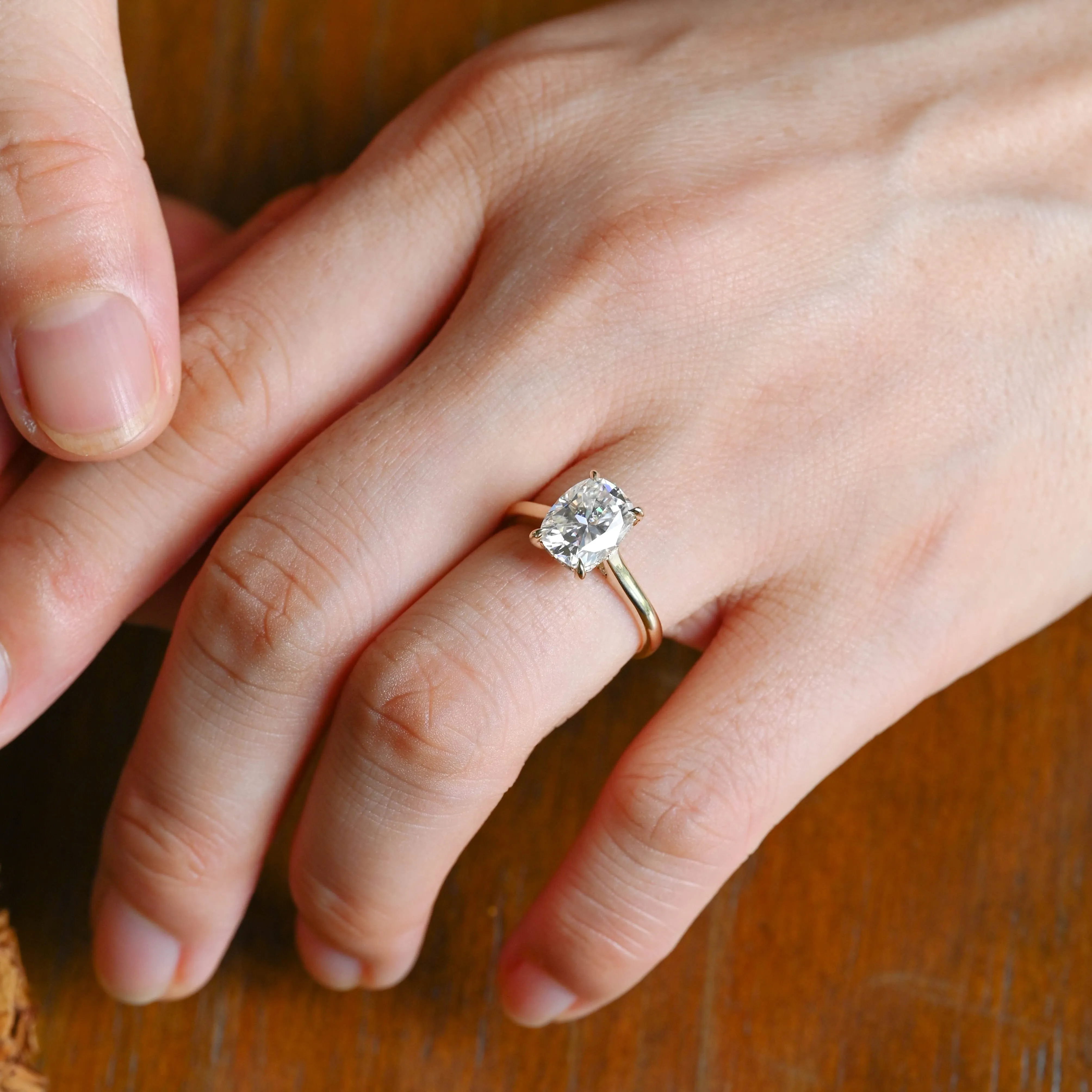 Solid Gold Solitaire Hidden Halo Elongated Cushion Cut Moissanite Engagement Ring sold by Causyou product image thumbnail 2