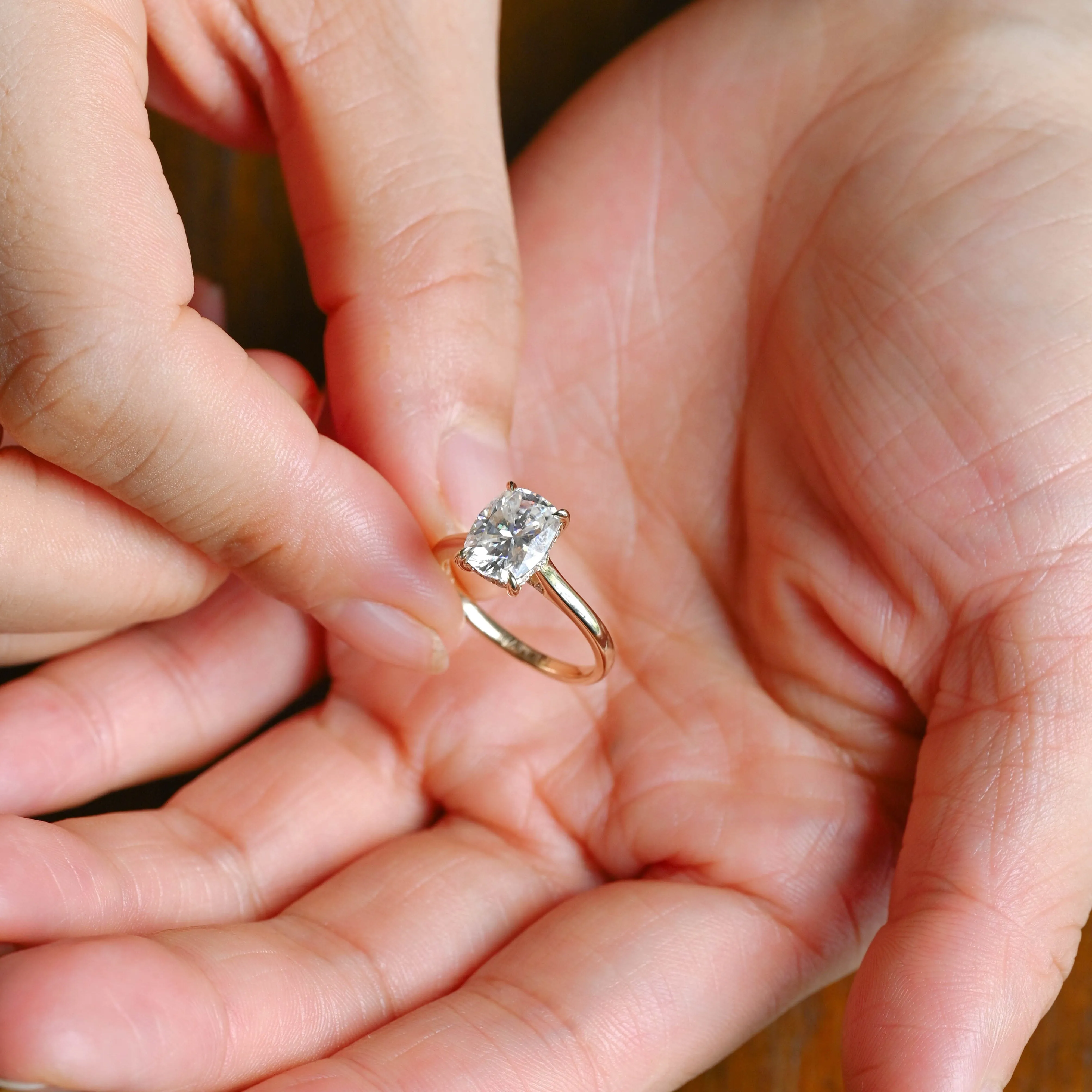 Solid Gold Solitaire Hidden Halo Elongated Cushion Cut Moissanite Engagement Ring sold by Causyou product image thumbnail 4