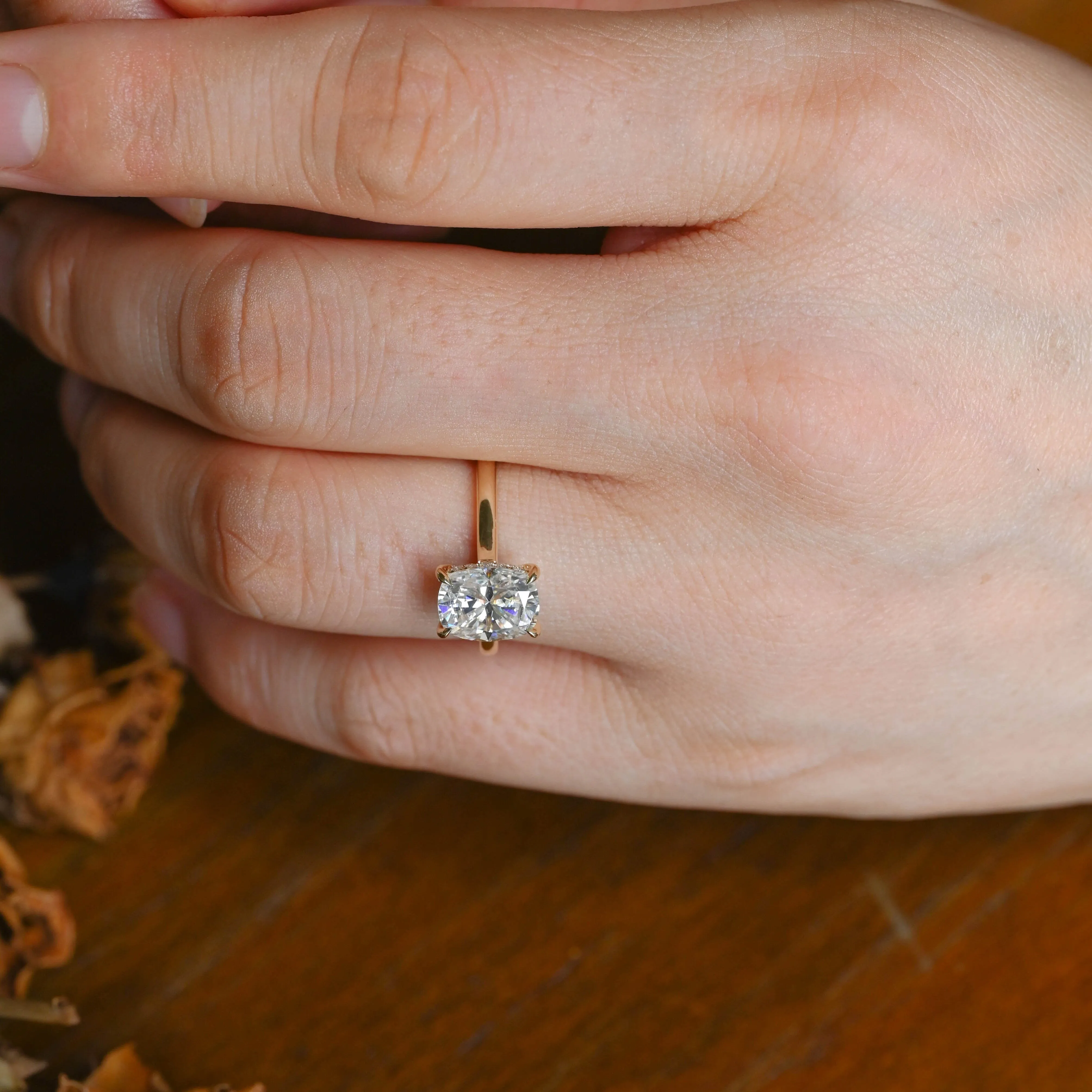Solid Gold Solitaire Hidden Halo Elongated Cushion Cut Moissanite Engagement Ring sold by Causyou product image thumbnail 3